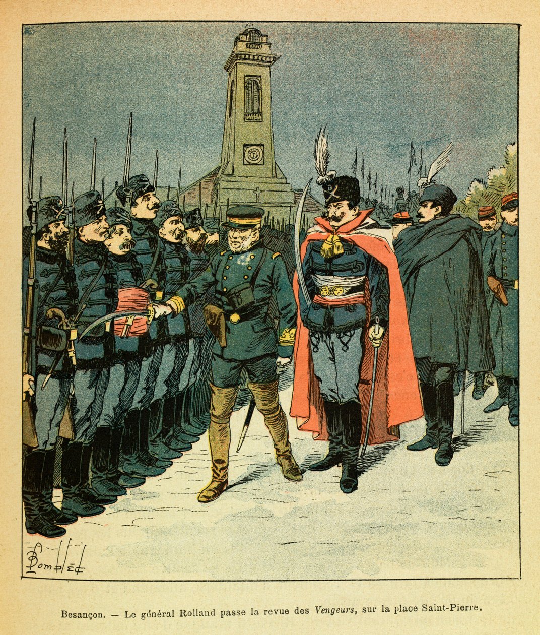 The Eastern Armee of Eugene Sergeant, kendt som Grenest, illustreret af Louis Bombled (1862-1927) (den fransk-tyske krig; kampagne 1870-1871): I Besancon gennemgår general Rolland firmaet "Avengers" bestilt af Malicki, Private Collection af Louis Charles Bombled
