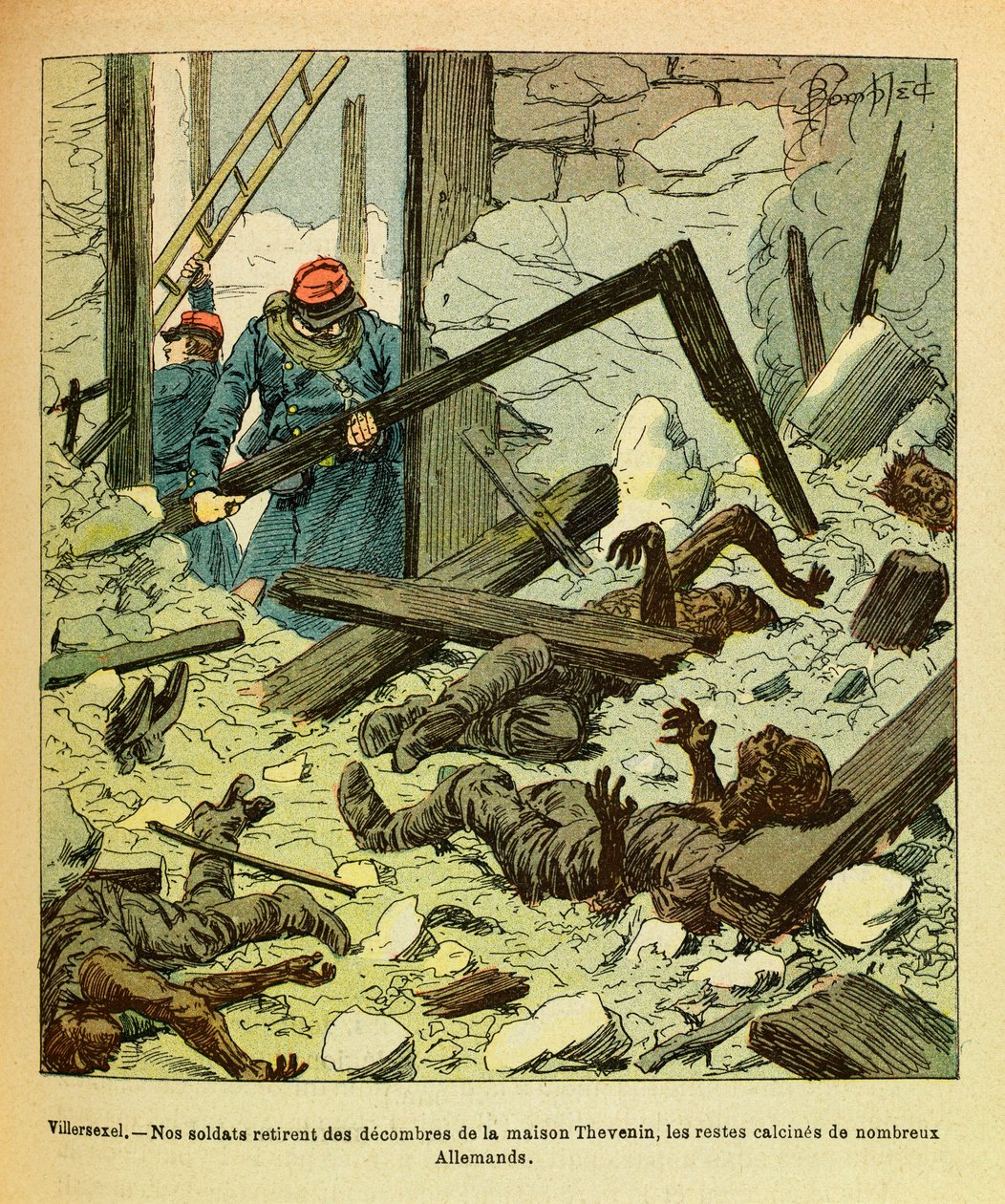 The Eastern Armee of Eugene Sergeant, kendt som Grenest, illustreret af Louis Bombled (1862-1927) (fransk-tyske krig; kampagne 1870 -1871): Januar 1871, slaget ved Villersexel, franske soldater fjerner fra et hus resterne af tyske soldater, menig C af Louis Charles Bombled