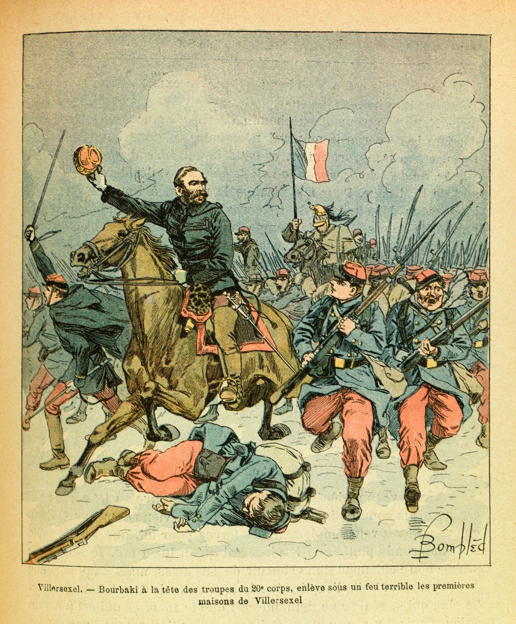 The Eastern Armee of Eugene Sergeant, kendt som Grenest, illustreret af Louis Bombled (1862-1927) (fransk-tyske krig; kampagne 1870-1871): Januar 1871 tog general Bourbaki i spidsen for tropperne fra det 20. korps væk under en frygtelig ild granerne af Louis Charles Bombled