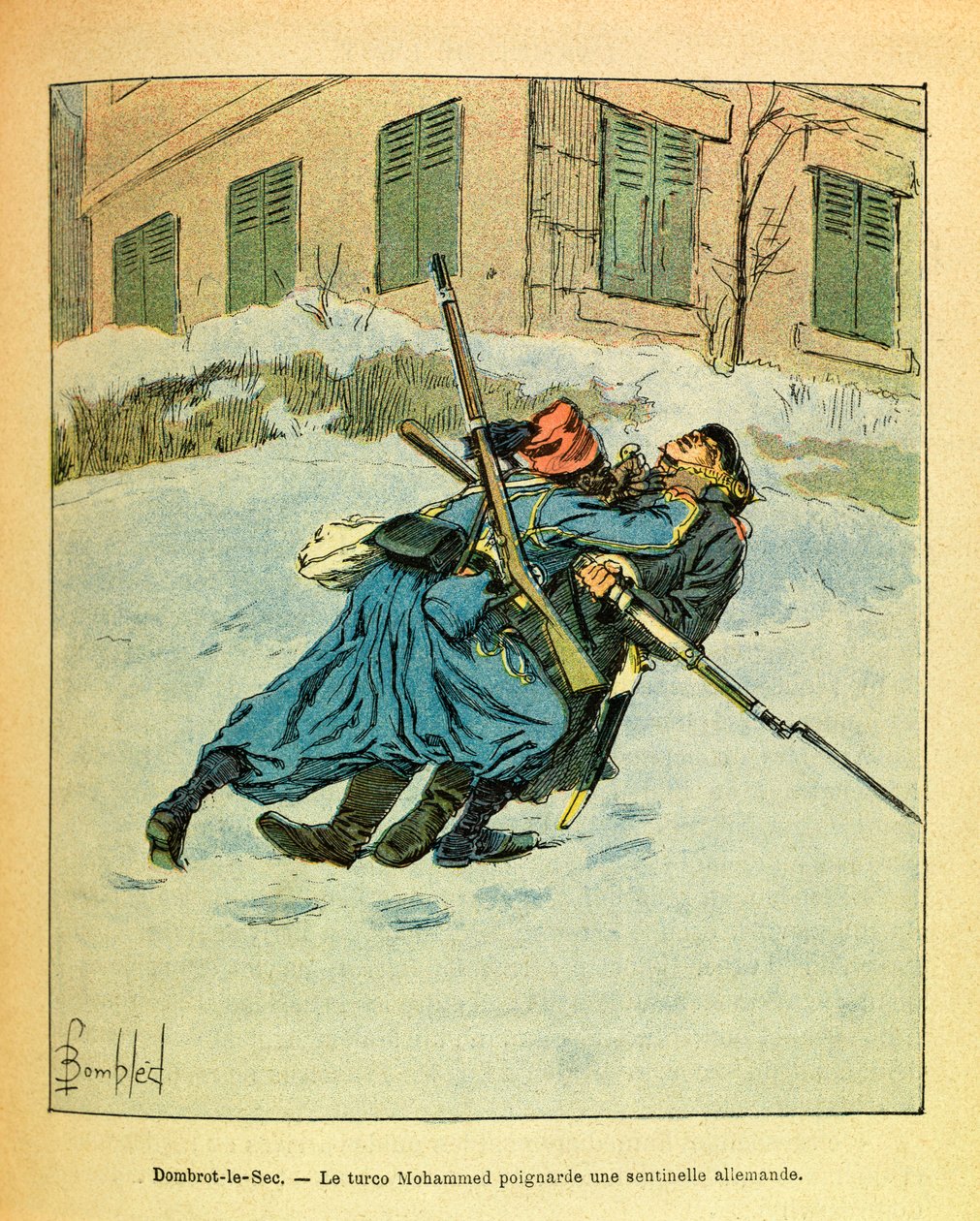 The Eastern Armee of Eugene Sergeant, kendt som Grenest, illustreret af Louis Bombled (1862-1927) (fransk-tyske krig; kampagne 1870 -1871): Ved Dombrot Le Sec stikker den tyrkiske Mohammed en tysk vagtpost, privat samling af Louis Charles Bombled
