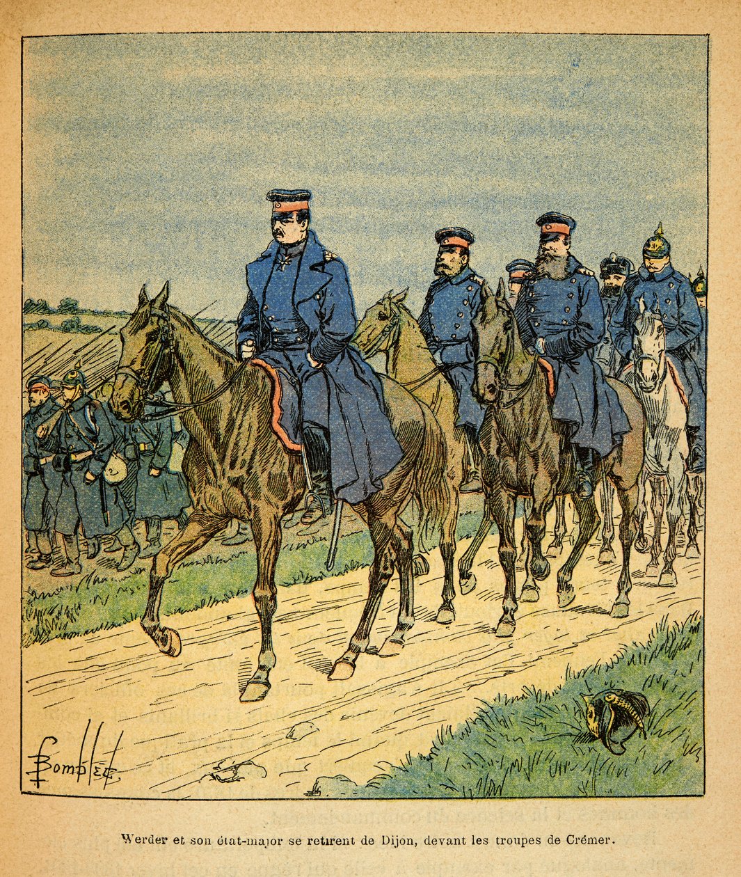 The Eastern Armee of Eugene Sergeant, kendt som Grenest, illustreret af Louis Bombled (1862-1927) (fransk-tyske krig; felttog 1870 -1871): General Werder og hans generalstab i Dijon foran tropperne fra general Cremer, privat samling af Louis Charles Bombled