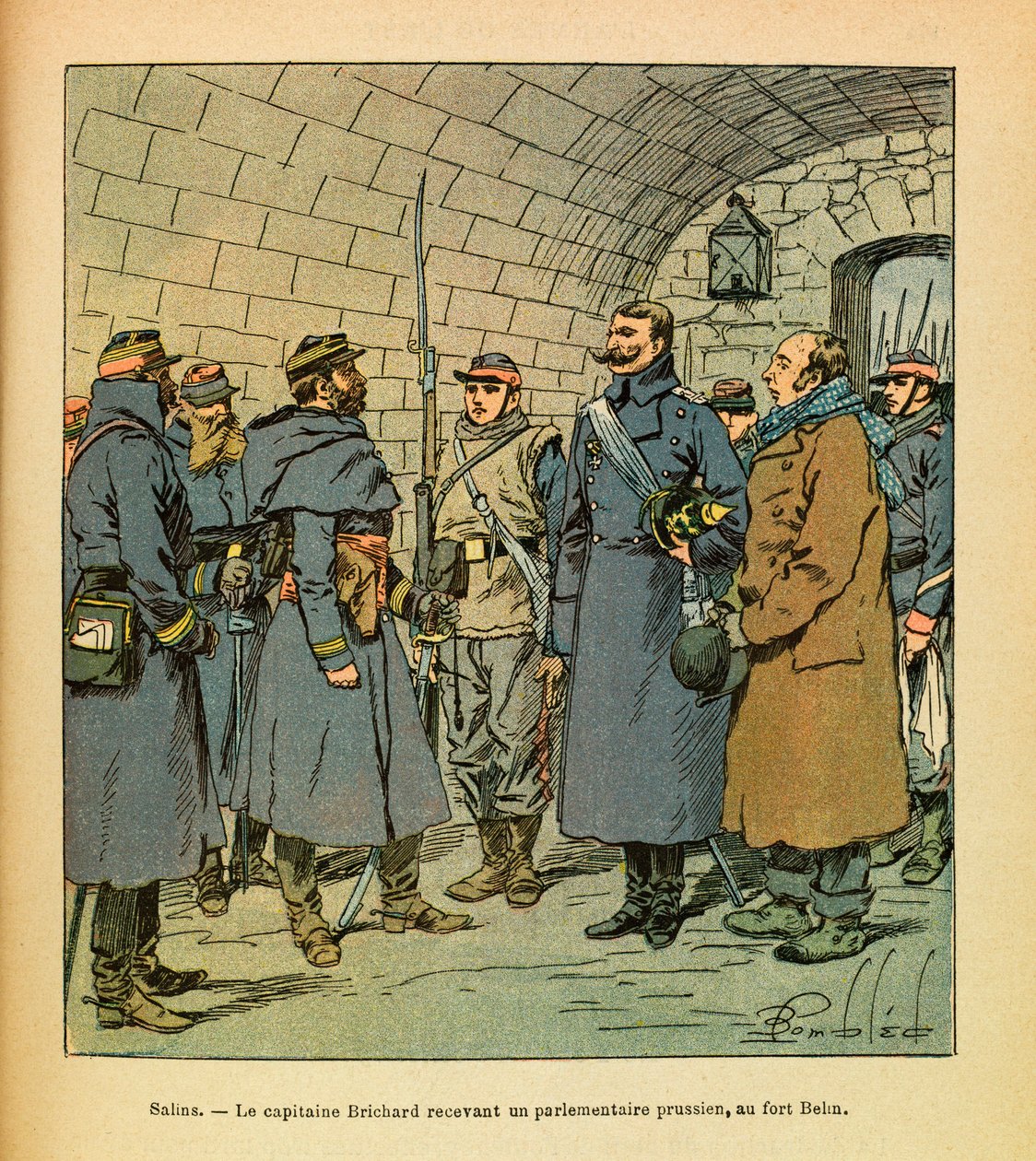 The Eastern Armee of Eugene Sergeant, kendt som Grenest, illustreret af Louis Bombled (1862-1927) (fransk-tyske krig; kampagne 1870-1871): Salins, kaptajn Brichard, der modtager en preussisk parlamentariker ved Fort Belin a Salins les Bains, menig Kollekti af Louis Charles Bombled