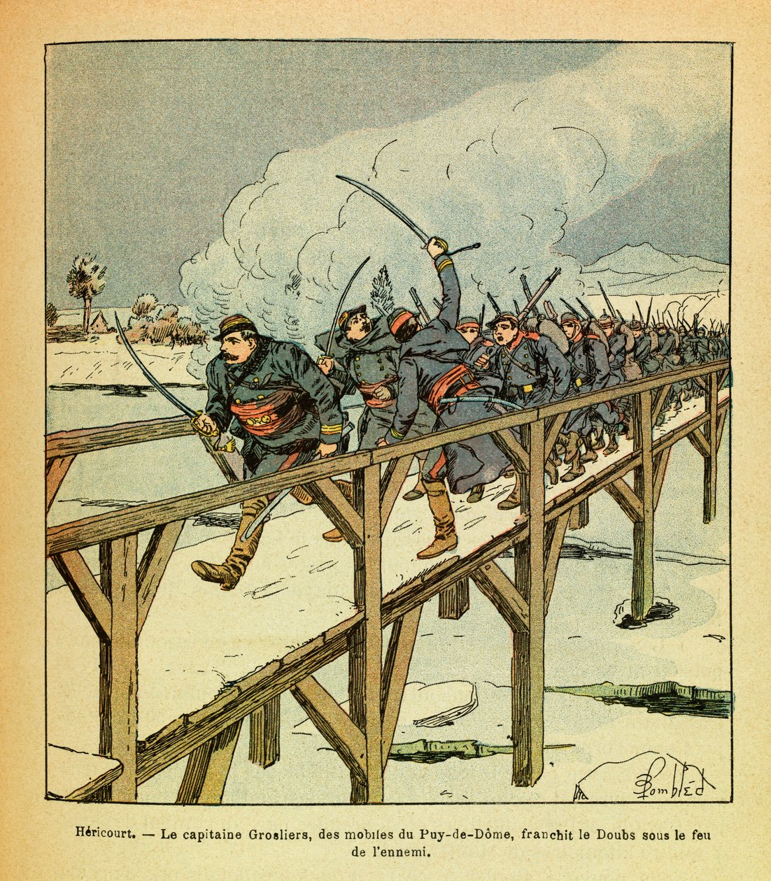 The Eastern Armee of Eugene Sergeant, kendt som Grenest, illustreret af Louis Bombled (1862-1927) (fransk-tyske krig; kampagne 1870 -1871): Januar 1871, Hericourt, kaptajn Grosliers og motiverne fra Puy de Dome krydser Doubs under fjendens ild, Privat af Louis Charles Bombled