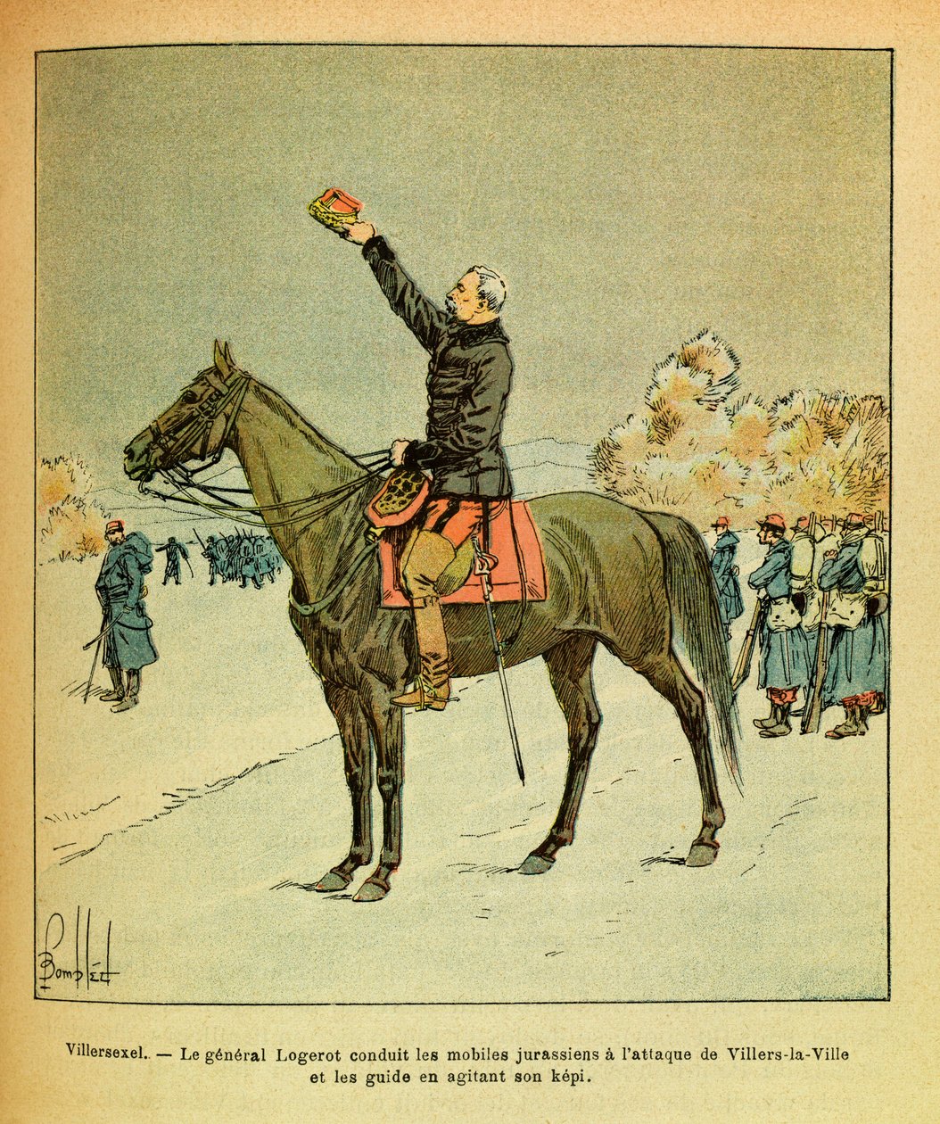 The Eastern Armee of Eugene Sergeant, kendt som Grenest, illustreret af Louis Bombled (1862-1927) (fransk-tyske krig; kampagne 1870 -1871): Slaget ved Villersexel, januar 1871, General Logerot førte Jurassian-mobilen til angrebet af Villers La Ville an af Louis Charles Bombled