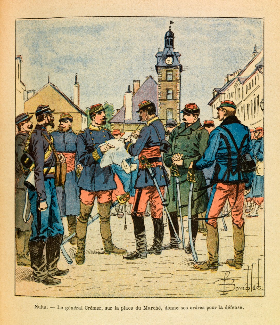 The Eastern Armee of Eugene Sergeant, kendt som Grenest, illustreret af Louis Bombled (1862-1927) (fransk-tyske krig; kampagne 1870 -1871): Slaget ved Nuits Saint Georges; General Cremer på Marche-pladsen giver sine ordrer til forsvar, december 1870, Pr af Louis Charles Bombled