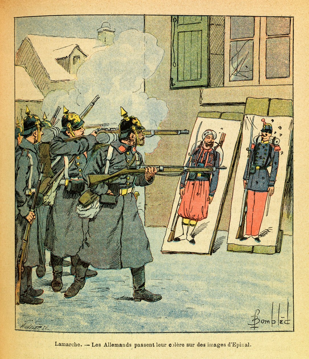The Eastern Armee of Eugene Sergeant, kendt som Grenest, illustreret af Louis Bombled (1862-1927) (fransk-tyske krig; kampagne 1870-1871): I Lamarche bruger tyske soldater deres vrede på billeder af Epinal, Collection Partial af Louis Charles Bombled