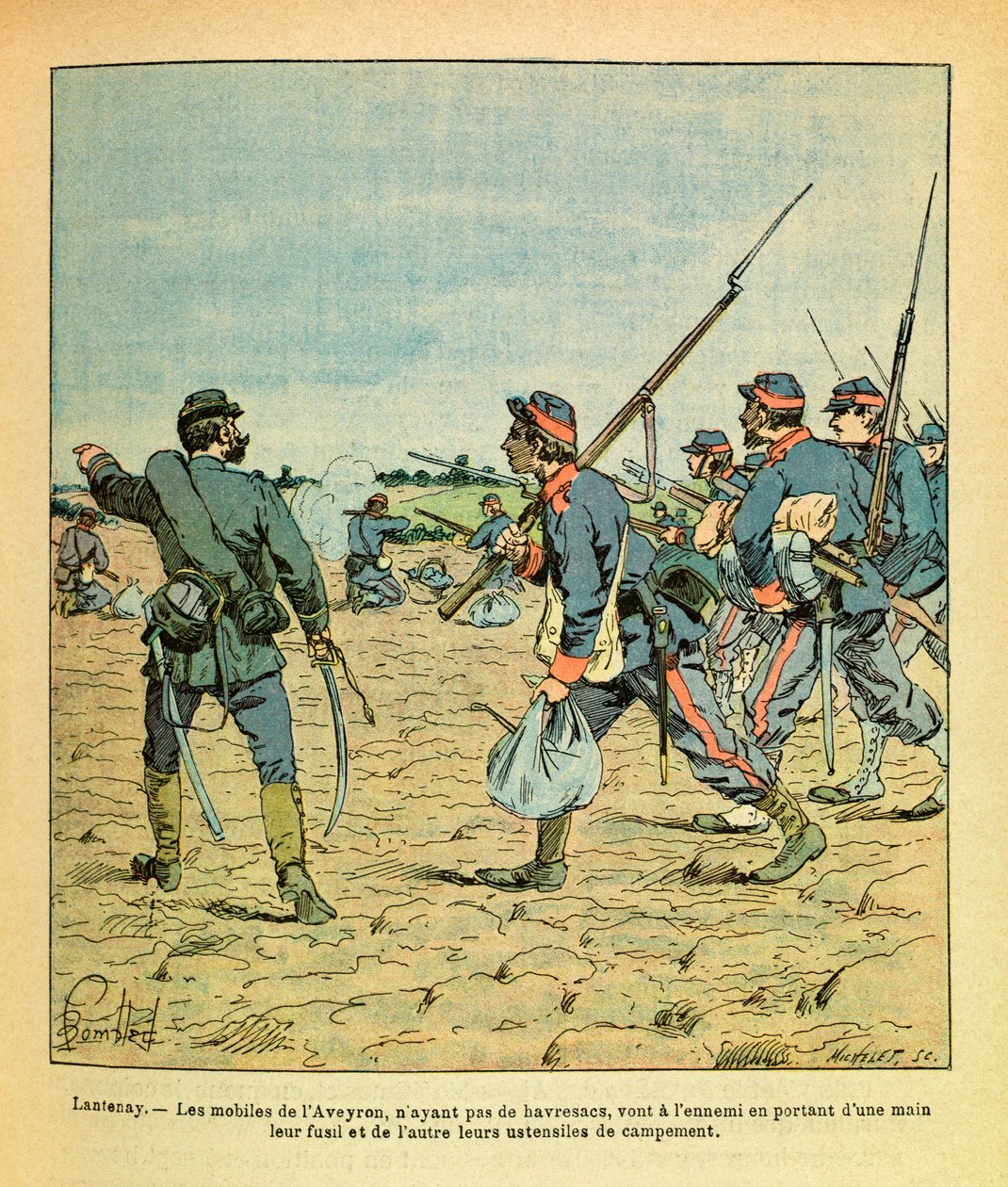 The Eastern Armee of Eugene Sergeant, kendt som Grenest, illustreret af Louis Bombled (1862-1927) (den fransk-tyske krig; kampagnen 1870 -1871): Slaget ved Lantenay i november 1870, Aveyron-mobiltelefonerne uden havresakker går til fjenden bærer deres ri af Louis Charles Bombled