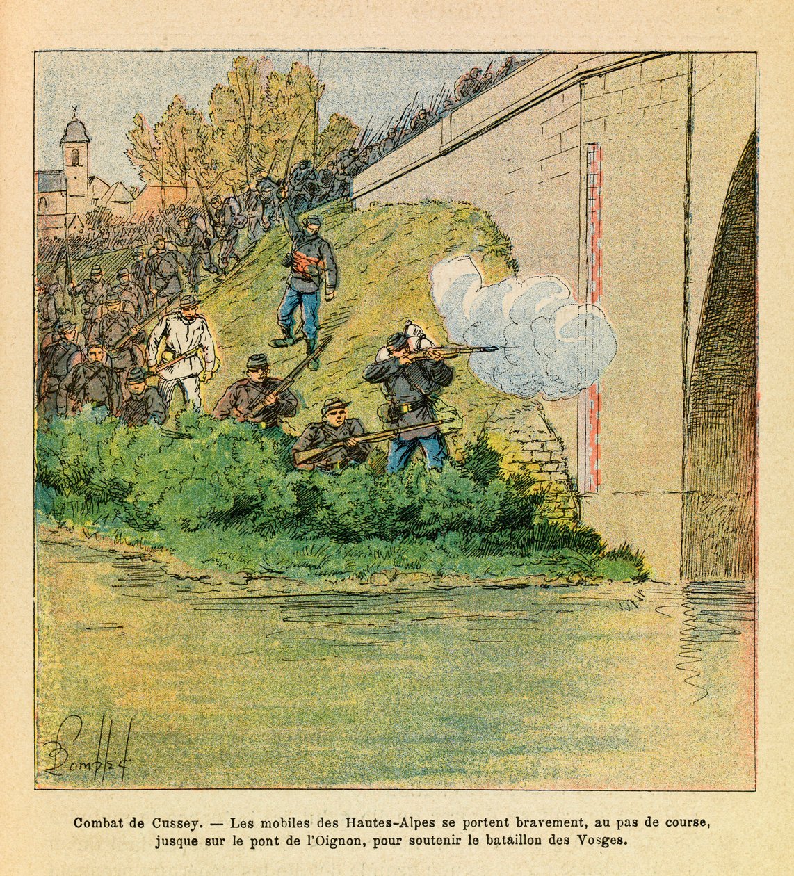 The Eastern Armee of Eugene Sergeant, kendt som Grenest, illustreret af Louis Bombled (1862-1927) (fransk-tyske krig; kampagne 1870-1871): Les mobiles des Hautes Alpes giver en hånd med bataljonen Vogeserne under kampene i Cussey på Ognon (dou af Louis Charles Bombled