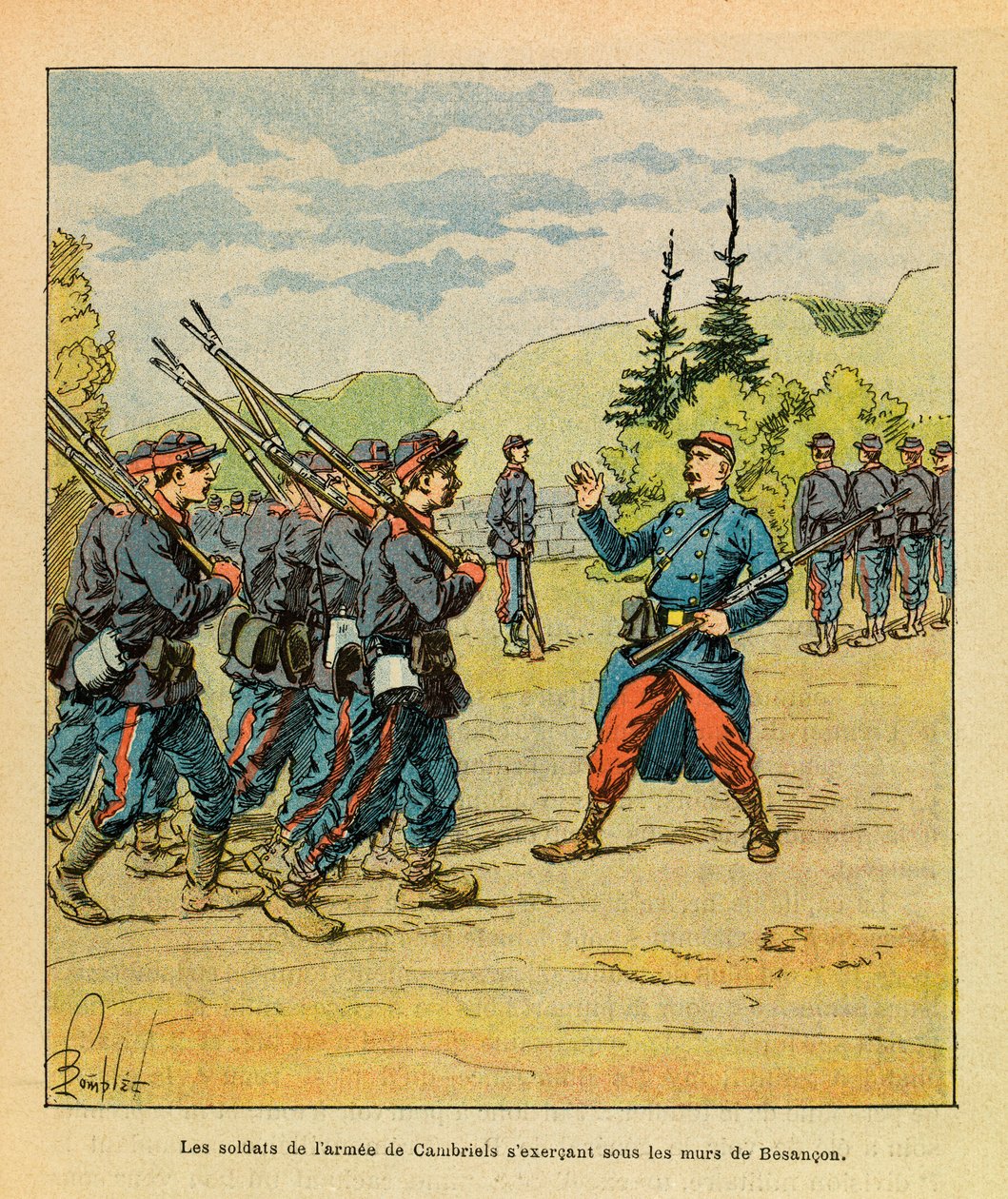 The Eastern Armee of Eugene Sergeant, kendt som Grenest, illustreret af Louis Bombled (1862-1927) (fransk-tyske krig; kampagne 1870 -1871): Soldaterne fra general Cambriels hær, der øver under Besancons mure, privat samling af Louis Charles Bombled
