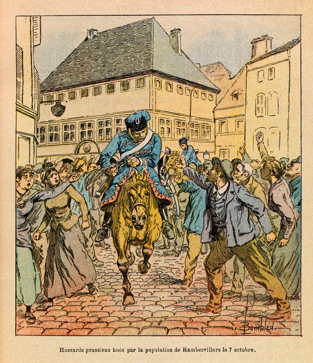 The Eastern Armee of Eugene Sergeant, kendt som Grenest, illustreret af Louis Bombled (1862-1927) (den fransk-tyske krig; kampagne 1870-1871): Preussisk avantgarde-farve af befolkningen i Rambervillers den 7. oktober af Louis Charles Bombled