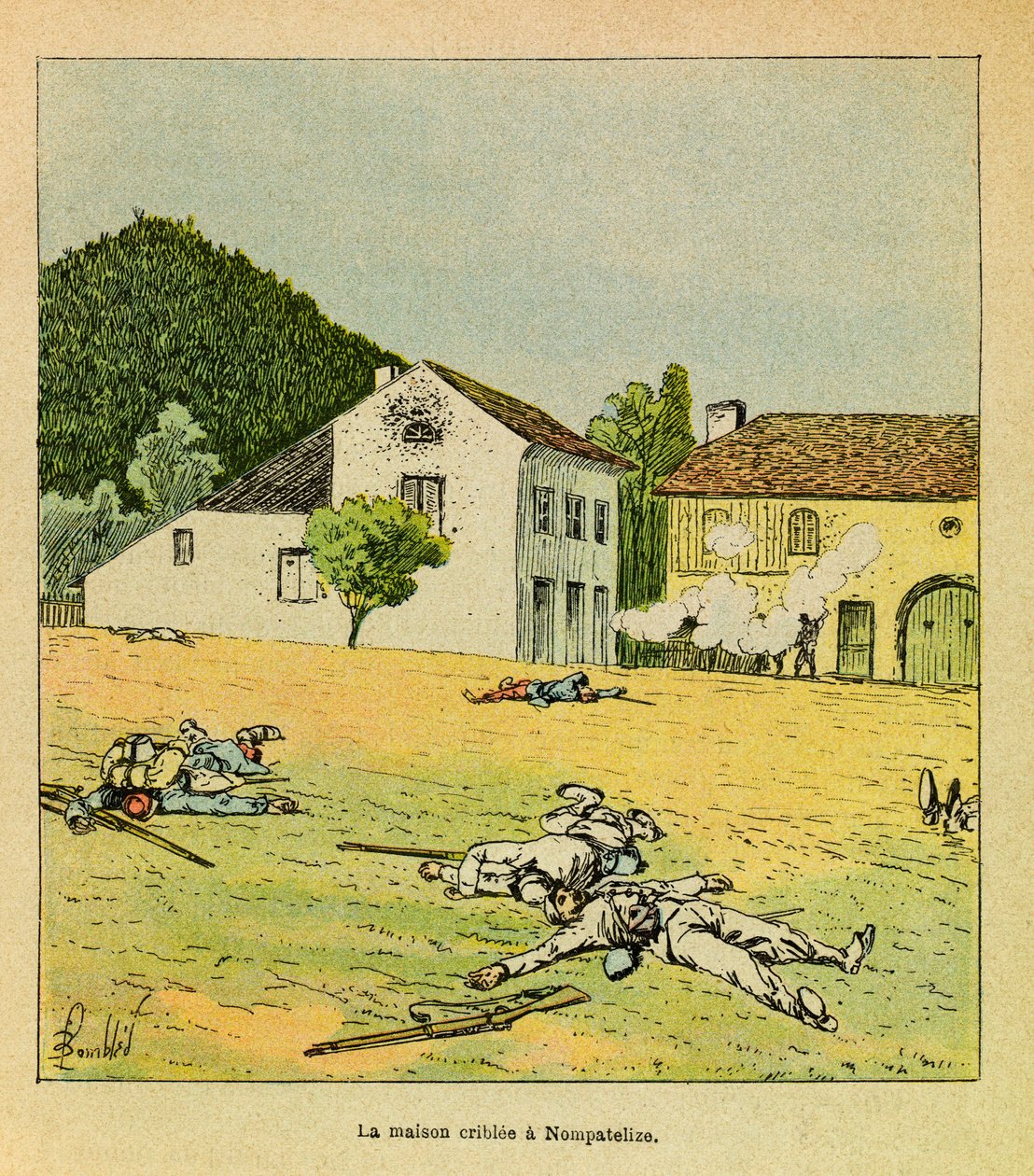 The Eastern Armee of Eugene Sergeant, kendt som Grenest, illustreret af Louis Bombled (1862-1927) (fransk-tyske krig; kampagne 1870-1871): et sigtet hus under slaget ved Nompatelize i oktober 1870, privat samling af Louis Charles Bombled
