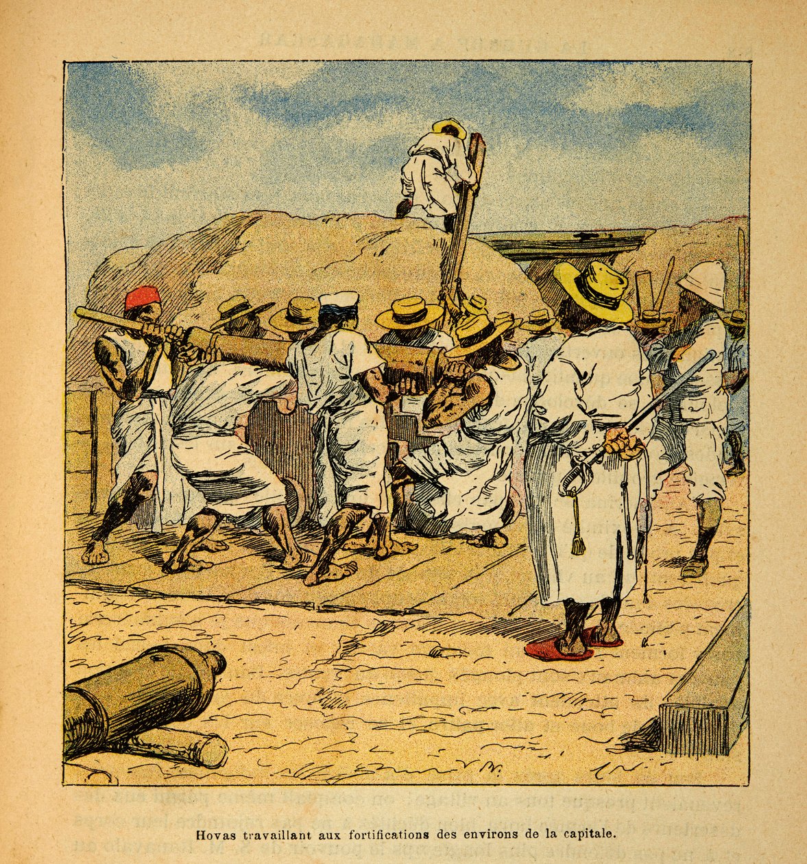 The War in Madagascar-Anekdotisk historie om de franske ekspeditioner i 1885-1895 af Henri Galli dit Galllichet (1854-1922), illustreret af Louis Bombled (1862-1927): Hovas arbejder ved hovedstadens befæstninger i 1895, privat samling af Louis Charles Bombled