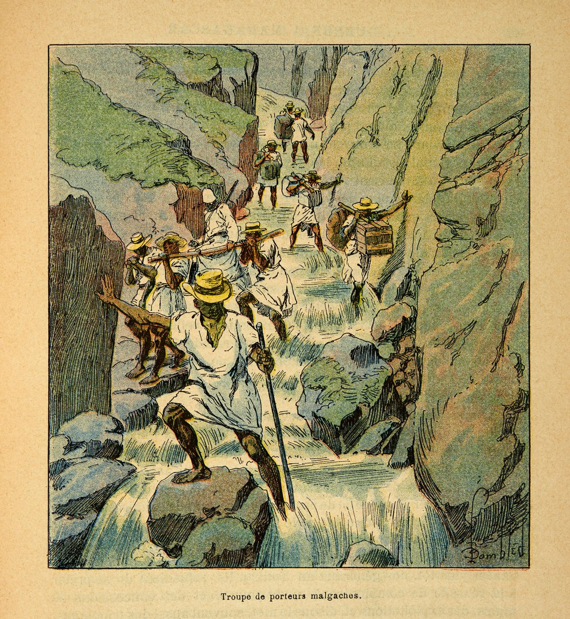 The War in Madagascar-Anekdotisk historie om de franske ekspeditioner i 1885-1895 af Henri Galli dit Galllichet (1854-1922), illustreret af Louis Bombled (1862-1927): Madagaskars transporttropper i 1895, privat samling af Louis Charles Bombled