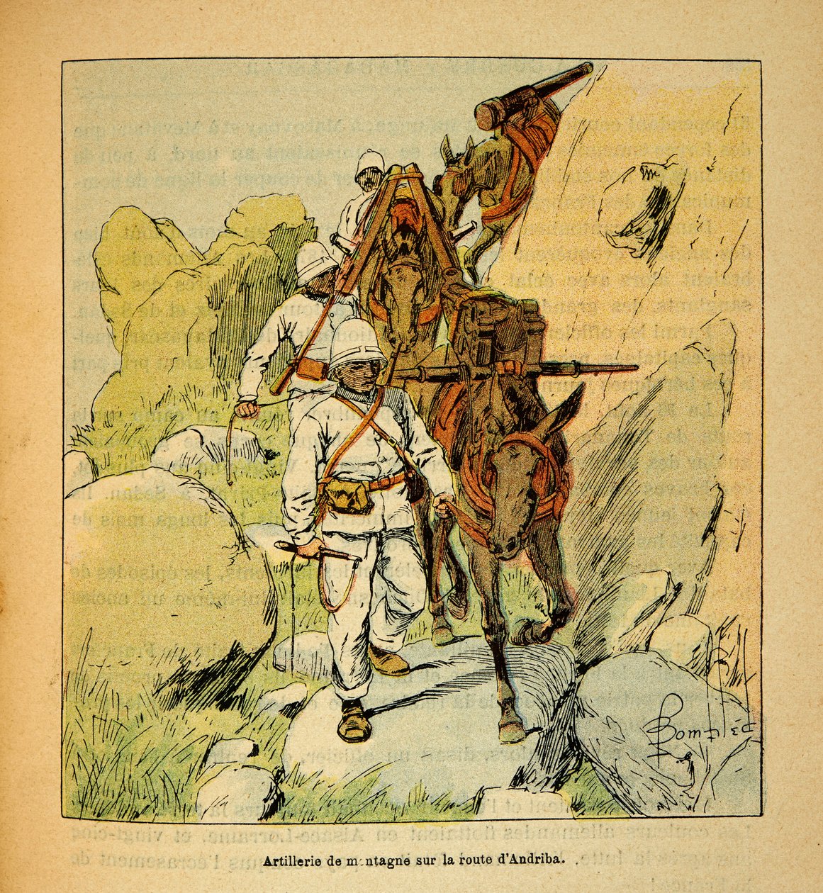 The War in Madagascar-Anecdotal History of the French Expeditions of 1885-1895 af Henri Galli dit Galllichet (1854-1922), illustreret af Louis Bombled (1862-1927): Mountain Artillery on the Andriba Road to Madagascar in 1895, Private Collection af Louis Charles Bombled