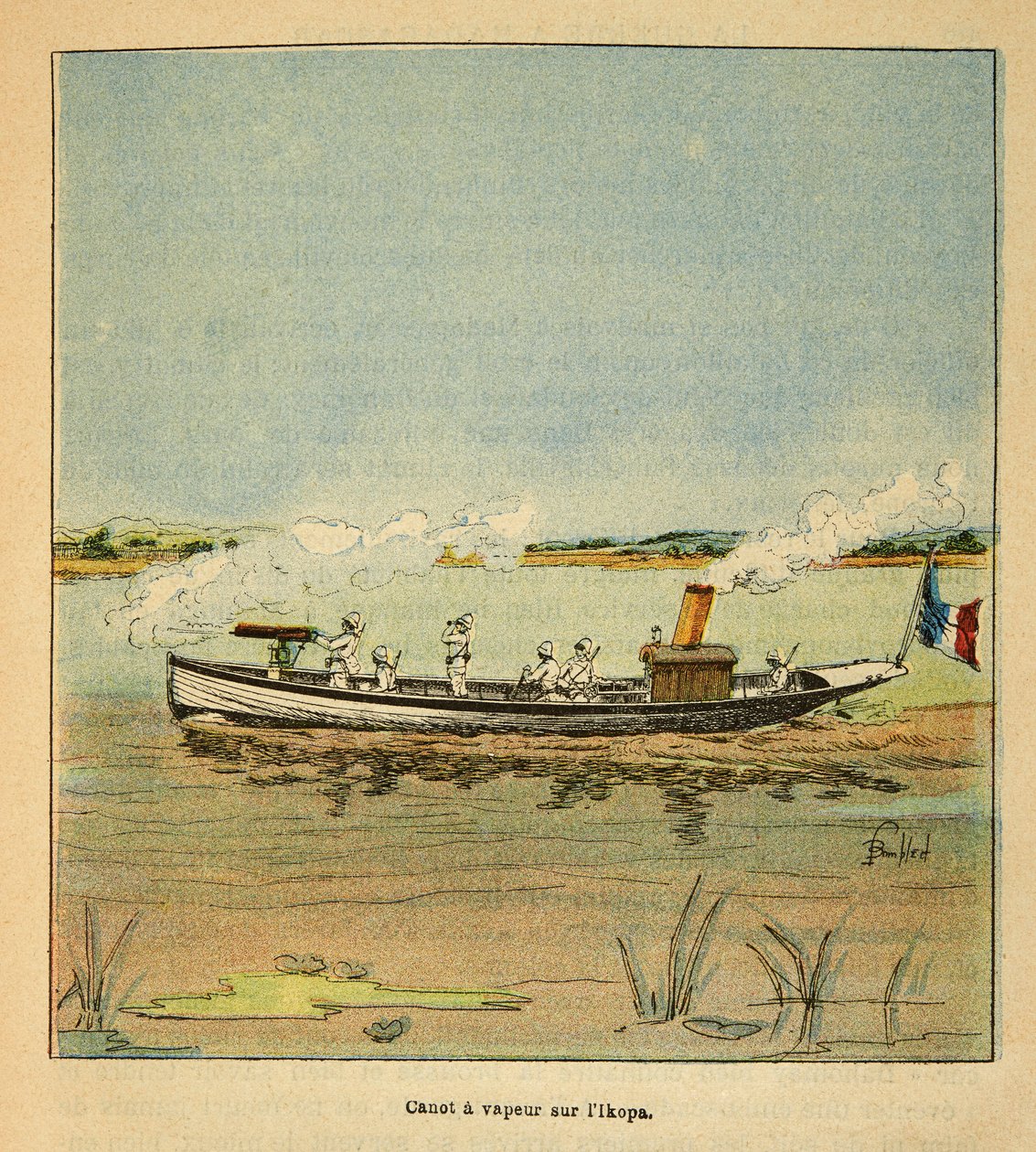 The War in Madagascar-Anekdotisk historie om de franske ekspeditioner i 1885-1895 af Henri Galli dit Galllichet (1854-1922), illustreret af Louis Bombled (1862-1927): Fransk Canonniere på Ikopa-floden i Madagaskar i 1895, privat samling af Louis Charles Bombled