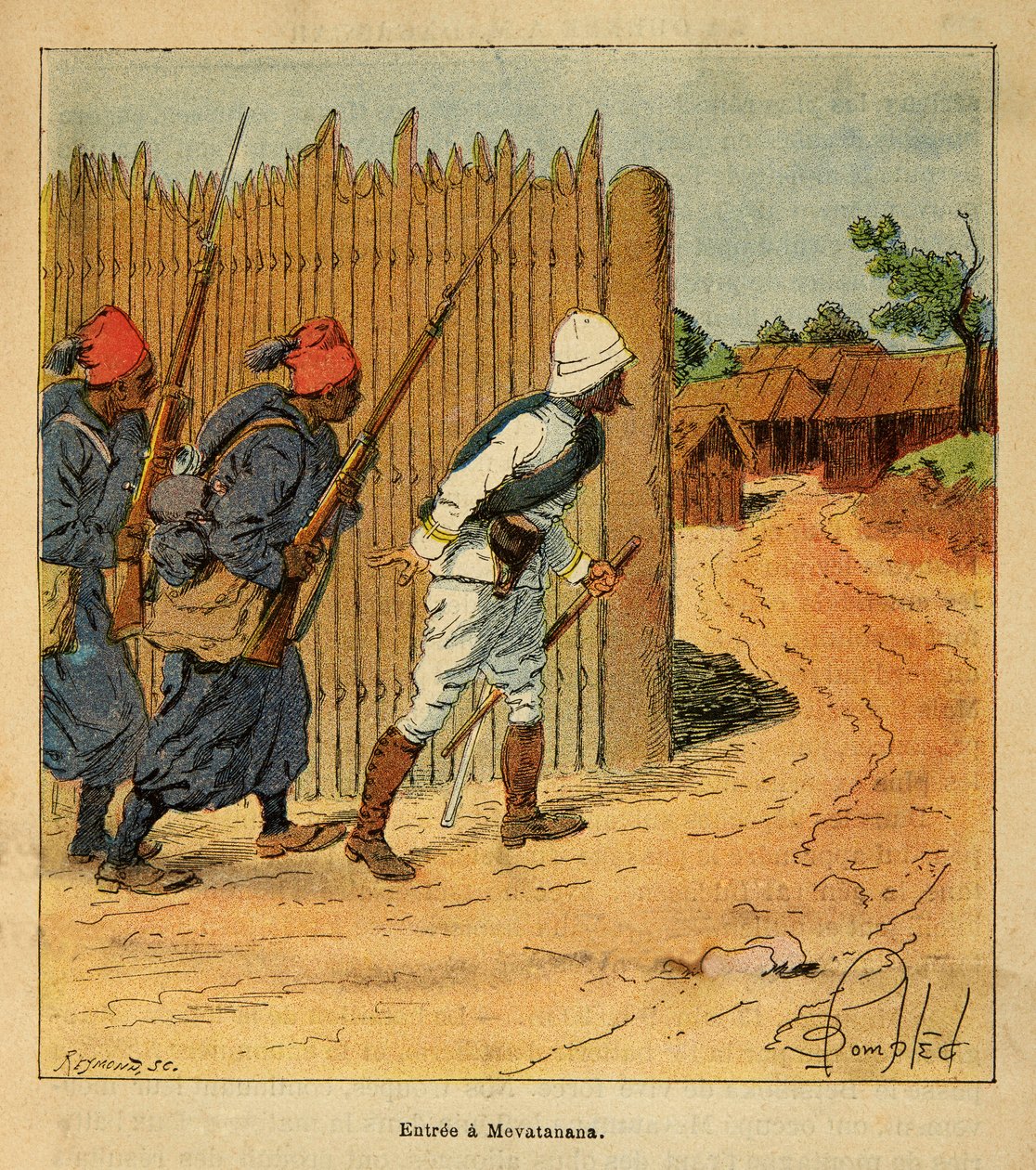 The War in Madagascar-Anekdotisk historie om de franske ekspeditioner i 1885-1895 af Henri Galli dit Galllichet (1854-1922), illustreret af Louis Bombled (1862-1927): Franske tropper gik ind i landsbyen Mevatanana i 1895, privat samling af Louis Charles Bombled