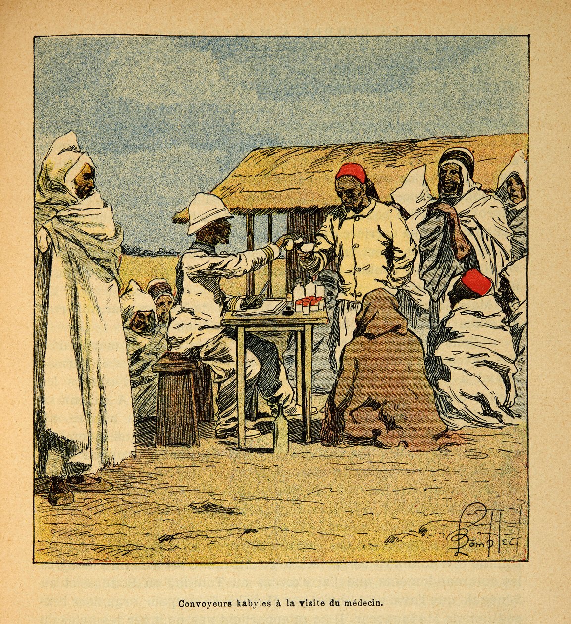 The War in Madagascar-Anecdotal History of the French Expeditions of 1885-1895 af Henri Galli dit Galllichet (1854-1922), illustreret af Louis Bombled (1862-1927): Convoyeurs Kabiles et besøg af en militærlæge, privat samling af Louis Charles Bombled