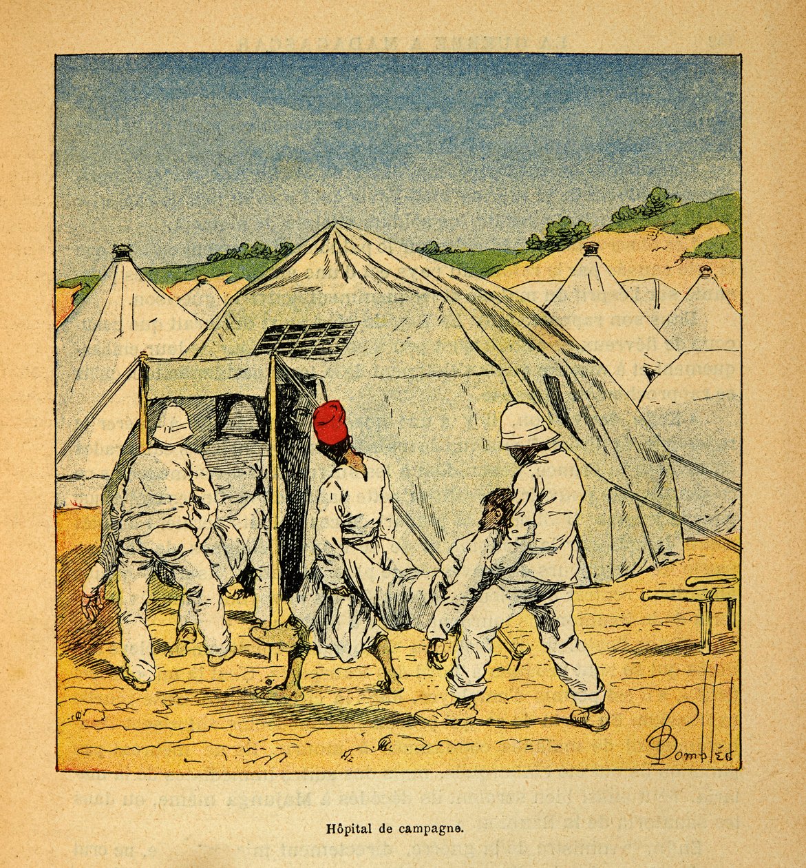 The War in Madagascar-Anecdotal History of the French Expeditions of 1885-1895 af Henri Galli dit Galllichet (1854-1922), illustreret af Louis Bombled (1862-1927): Militært felthospital i Madagaskar i 1895, privat samling af Louis Charles Bombled