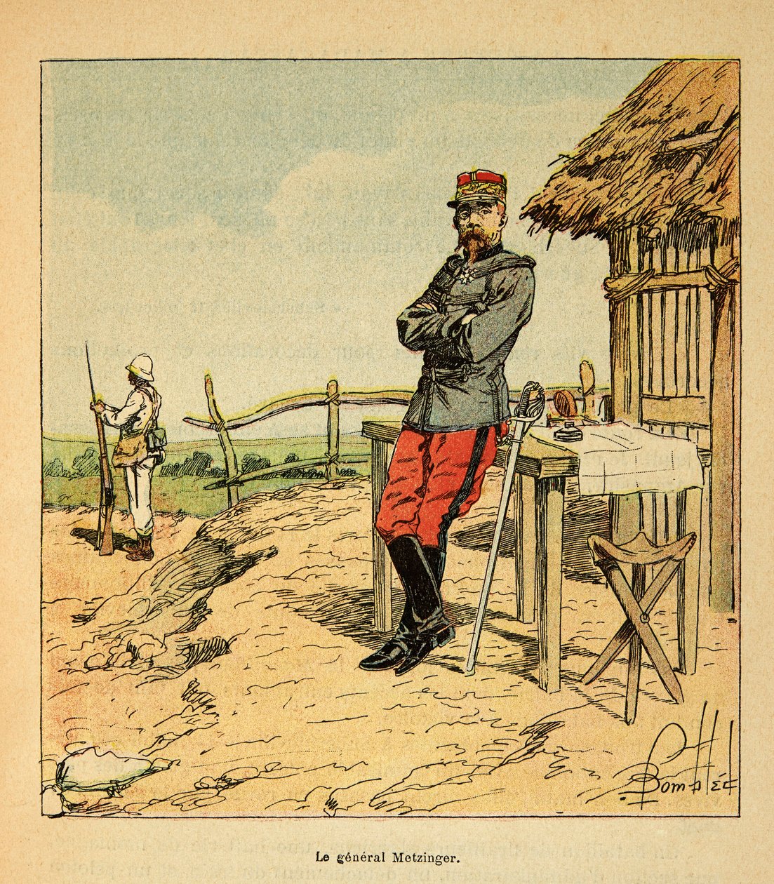 The War in Madagascar-Anekdotisk historie om de franske ekspeditioner 1885-1895 af Henri Galli dit Galllichet (1854-1922), illustreret af Louis Bombled (1862-1927): Portræt af general Metzinger i Madagaskar i 1895, privat samling af Louis Charles Bombled