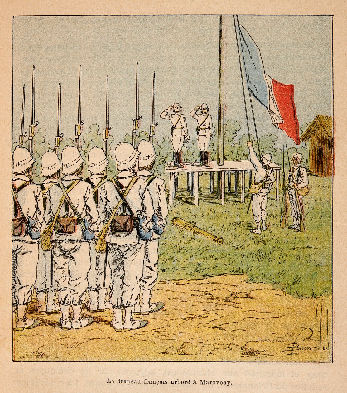 The War in Madagascar-Anekdotisk historie om de franske ekspeditioner 1885-1895 af Henri Galli dit Galllichet (1854-1922), illustreret af Louis Bombled (1862-1927): Det franske flag flyder ved Marovoay i 1895, privat samling af Louis Charles Bombled
