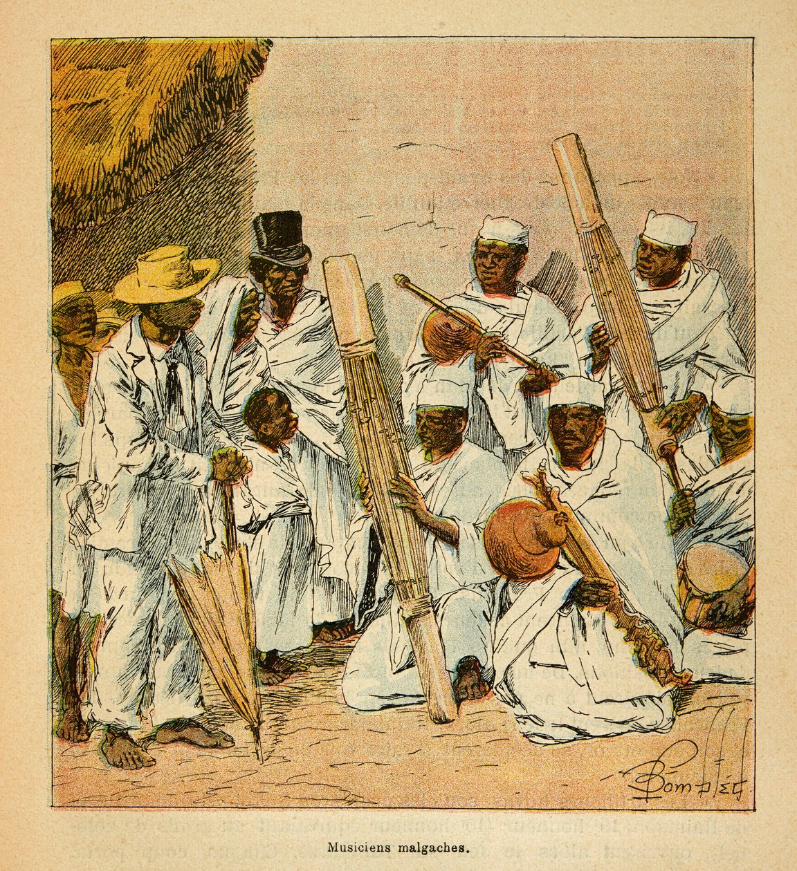The War in Madagascar-Anecdotal History of the French Expeditions of 1885-1895 af Henri Galli dit Galllichet (1854-1922), illustreret af Louis Bombled (1862-1927): Malagasy Musicians in the 19th century, Private Collection af Louis Charles Bombled