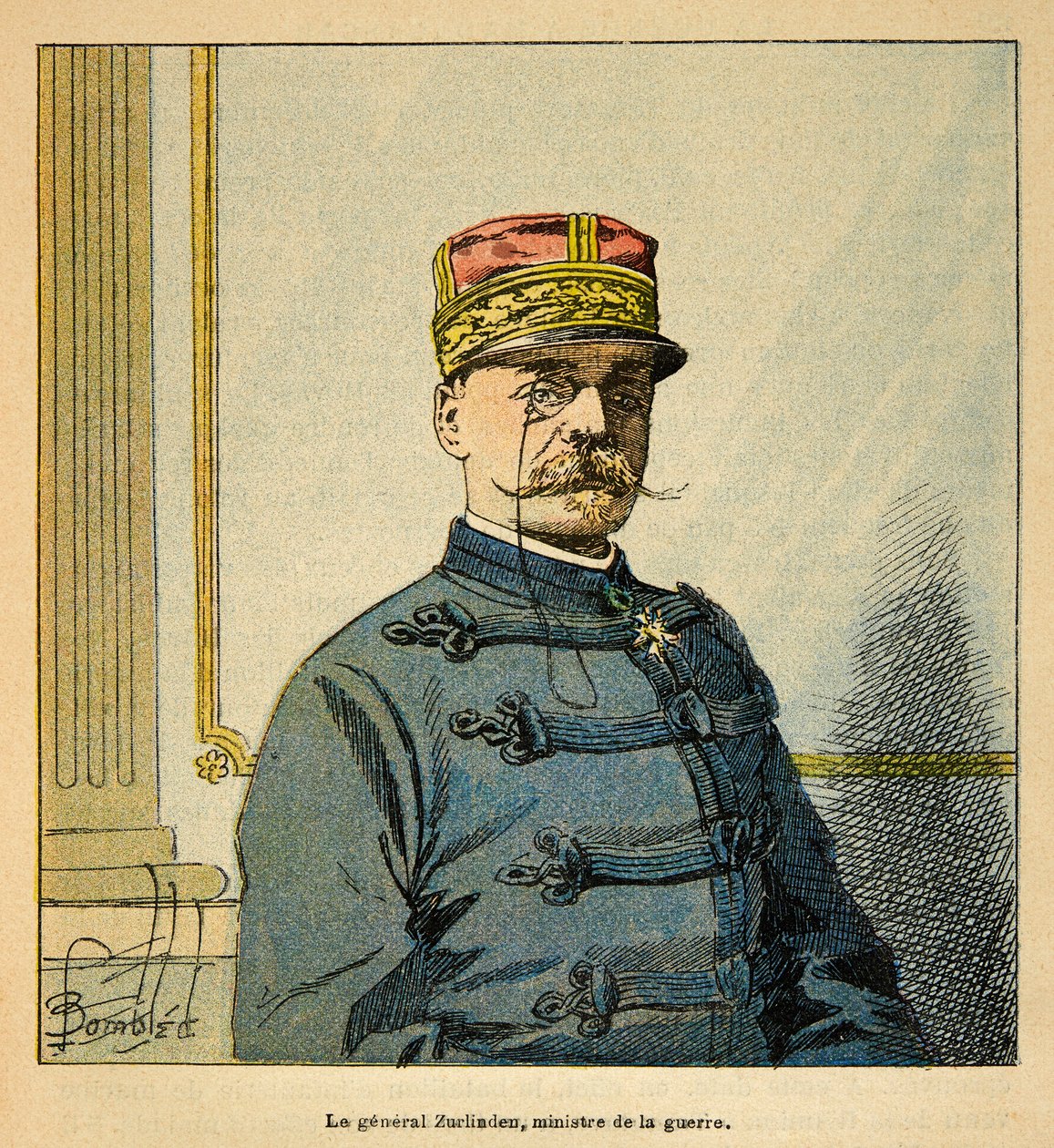 The War in Madagascar-Anekdotisk historie om de franske ekspeditioner 1885-1895 af Henri Galli dit Galllichet (1854-1922), illustreret af Louis Bombled (1862-1927): Portræt af general Emile Auguste Francois Zurlinden (1837-1929), minister af krig, menig C af Louis Charles Bombled