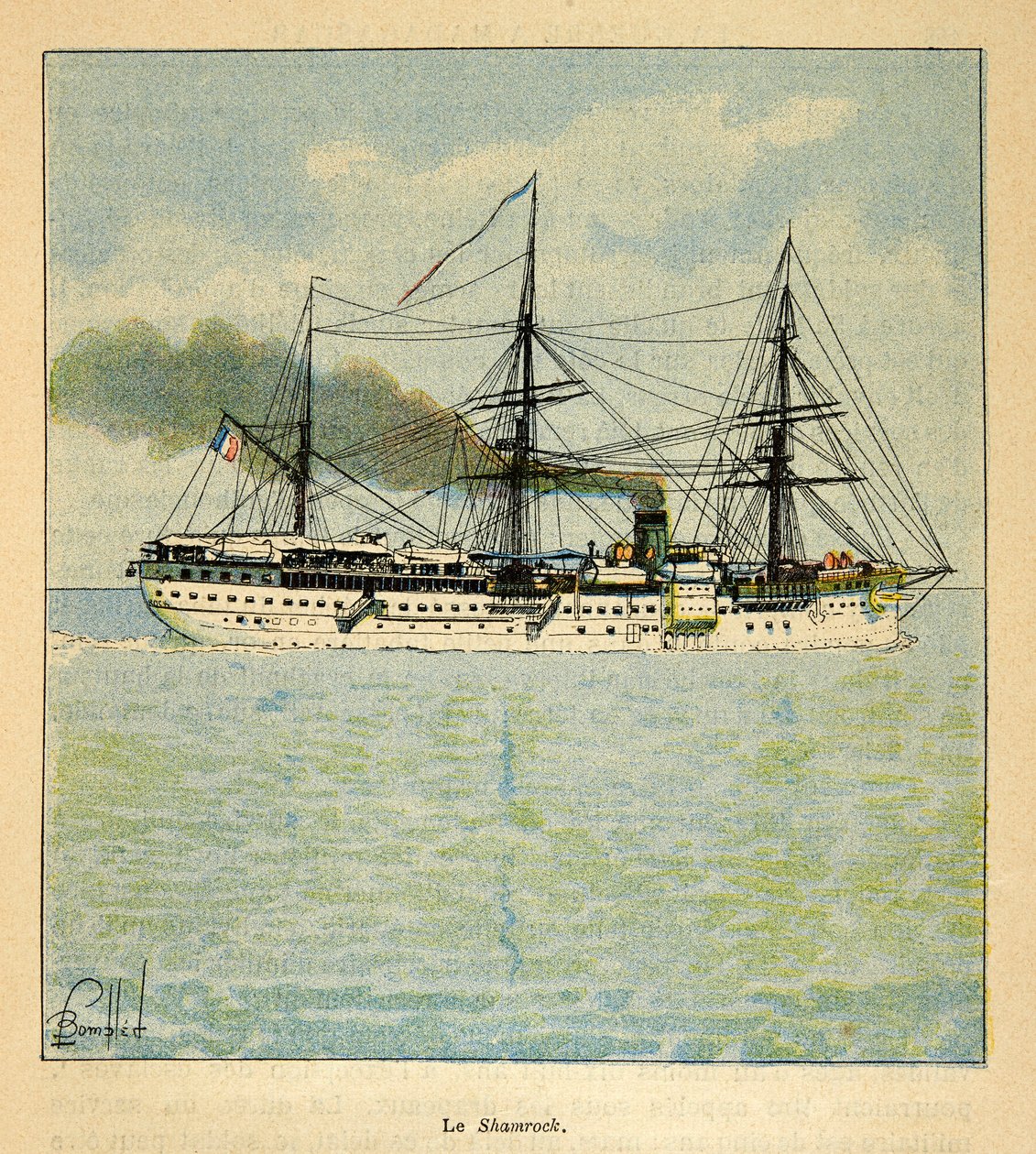 The War in Madagascar-Anecdotal History of the French Expeditions of 1885-1895 af Henri Galli dit Galllichet (1854-1922), illustreret af Louis Bombled (1862-1927): Hospitalsskibet "Shamrock" på vej til Madagaskar, privat samling af Louis Charles Bombled