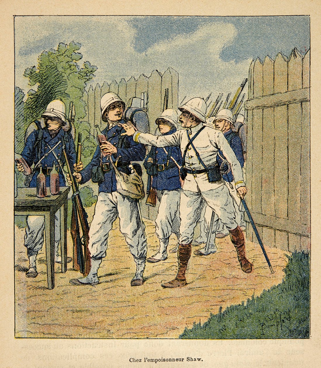 The War in Madagascar-Anecdotal History of the French Expeditions of 1885-1895 af Henri Galli dit Galllichet (1854-1922), illustreret af Louis Bombled (1862-1927): Franske tropper ved forgiftningsmanden Shaw i 1884 (engelsk metodistpræst, der havde efterla af Louis Charles Bombled