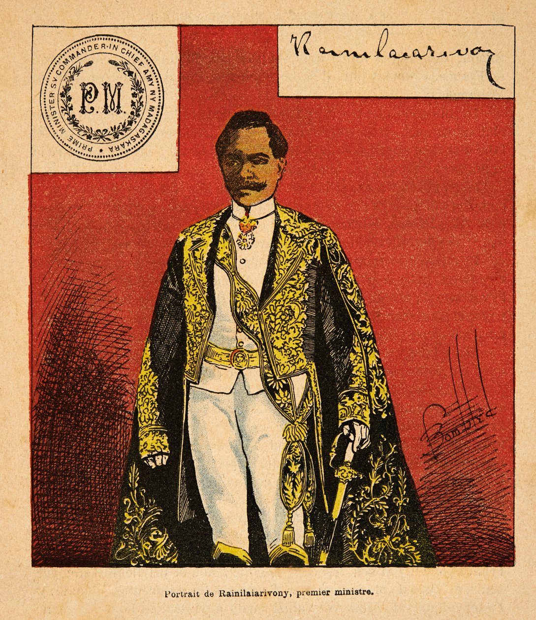 The War in Madagascar-Anekdotisk historie om de franske ekspeditioner 1885-1895 af Henri Galli dit Galllichet (1854-1922), illustreret af Louis Bombled (1862-1927): Portræt af premierminister Rainilaiarivony (1828-1896), privat samling af Louis Charles Bombled