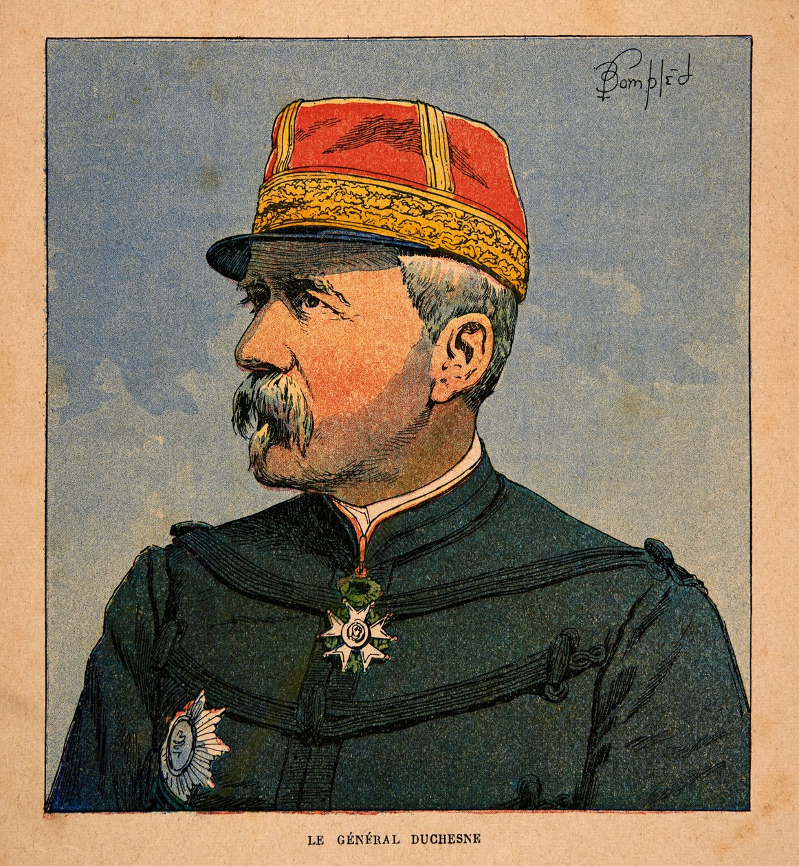 The War in Madagascar-Anekdotisk historie om de franske ekspeditioner i 1885-1895 af Henri Galli dit Galllichet (1854-1922), illustreret af Louis Bombled (1862-1927): Portræt af General Duchesne (1837-1918) øverstkommanderende af den franske ekspeditionsst af Louis Charles Bombled