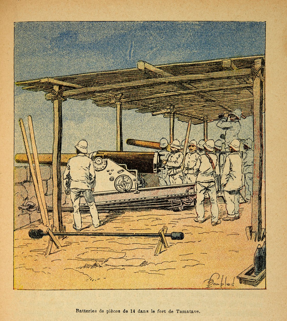 The War in Madagascar-Anekdotisk historie om de franske ekspeditioner i 1885-1895 af Henri Galli dit Galllichet (1854-1922), illustreret af Louis Bombled (1862-1927): Trommer af 14 stykker i Fort of Tamatave i 1895, privat samling af Louis Charles Bombled