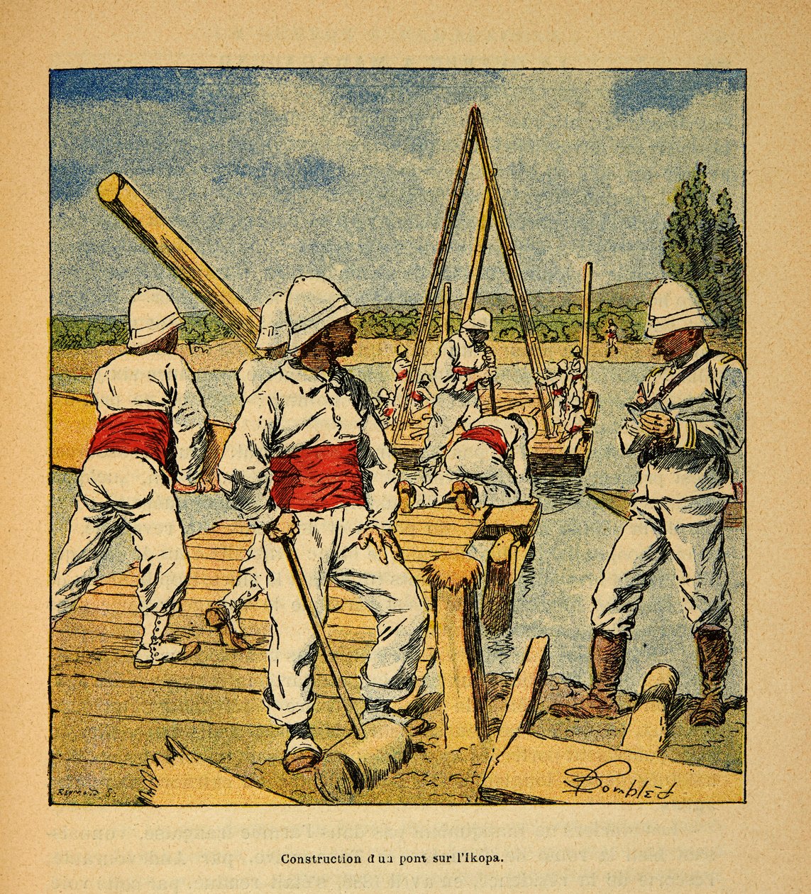 The War in Madagascar-Anekdotisk historie om de franske ekspeditioner i 1885-1895 af Henri Galli dit Galllichet (1854-1922), illustreret af Louis Bombled (1862-1927): Konstruktion af en bro af ånden på Ikopa-floden i 1895, Privat samling af Louis Charles Bombled