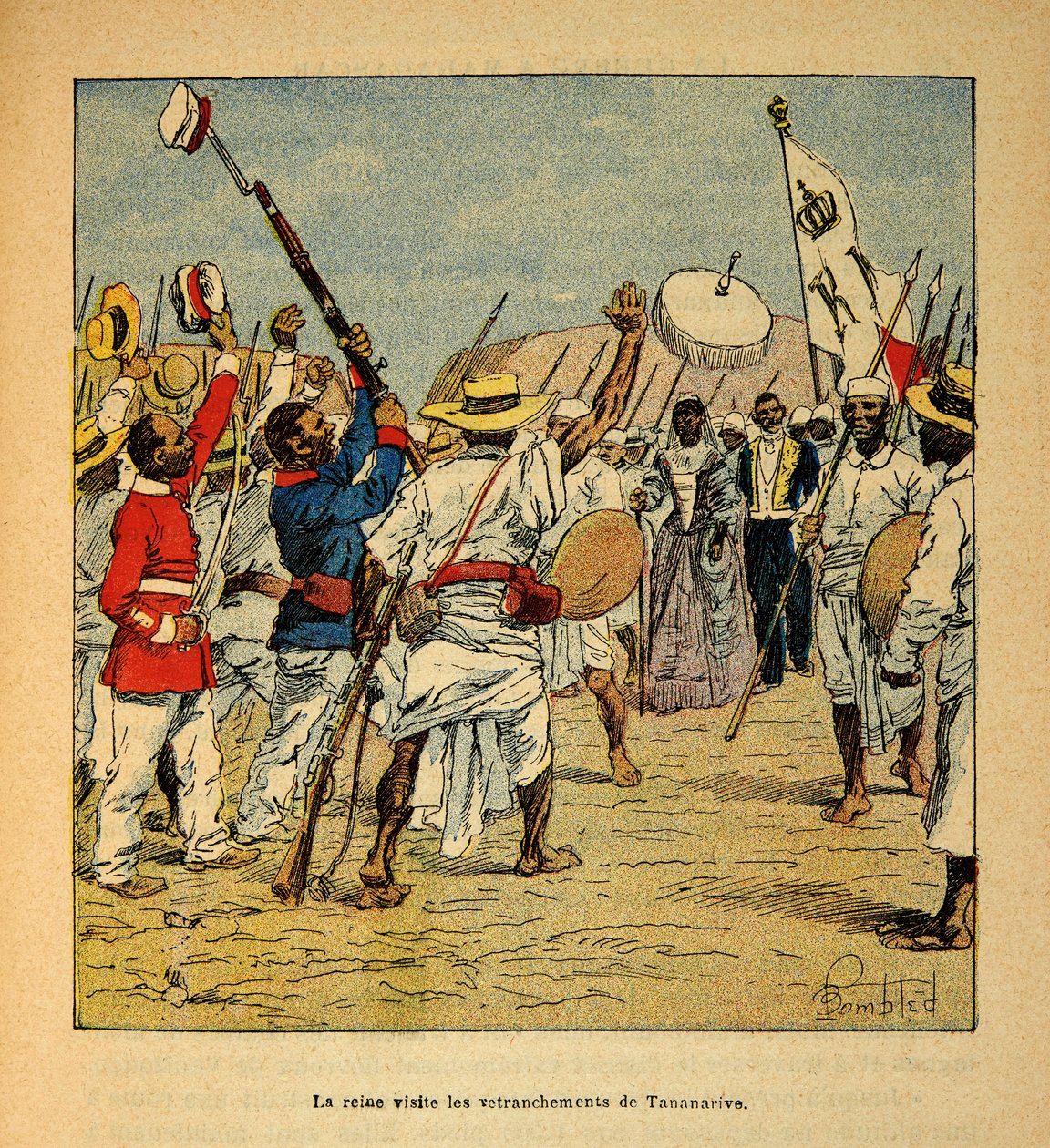 The War in Madagascar-Anekdotisk historie om de franske ekspeditioner i 1885-1895 af Henri Galli dit Galllichet (1854-1922), illustreret af Louis Bombled (1862-1927): Dronning Ranavalona besøger Tananarives skanser i 1895, privat samling af Louis Charles Bombled
