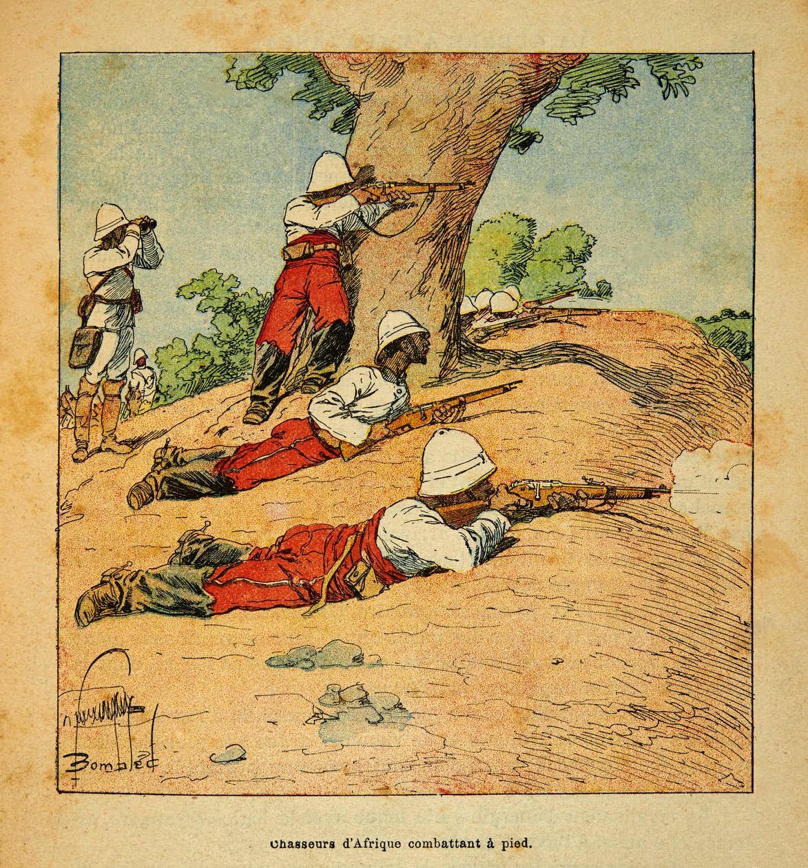 The War in Madagascar-Anekdotisk historie om de franske ekspeditioner i 1885-1895 af Henri Galli dit Galllichet (1854-1922), illustreret af Louis Bombled (1862-1927): Afrikas jægere kæmper til fods i Madagaskar i 1895, privat samling af Louis Charles Bombled