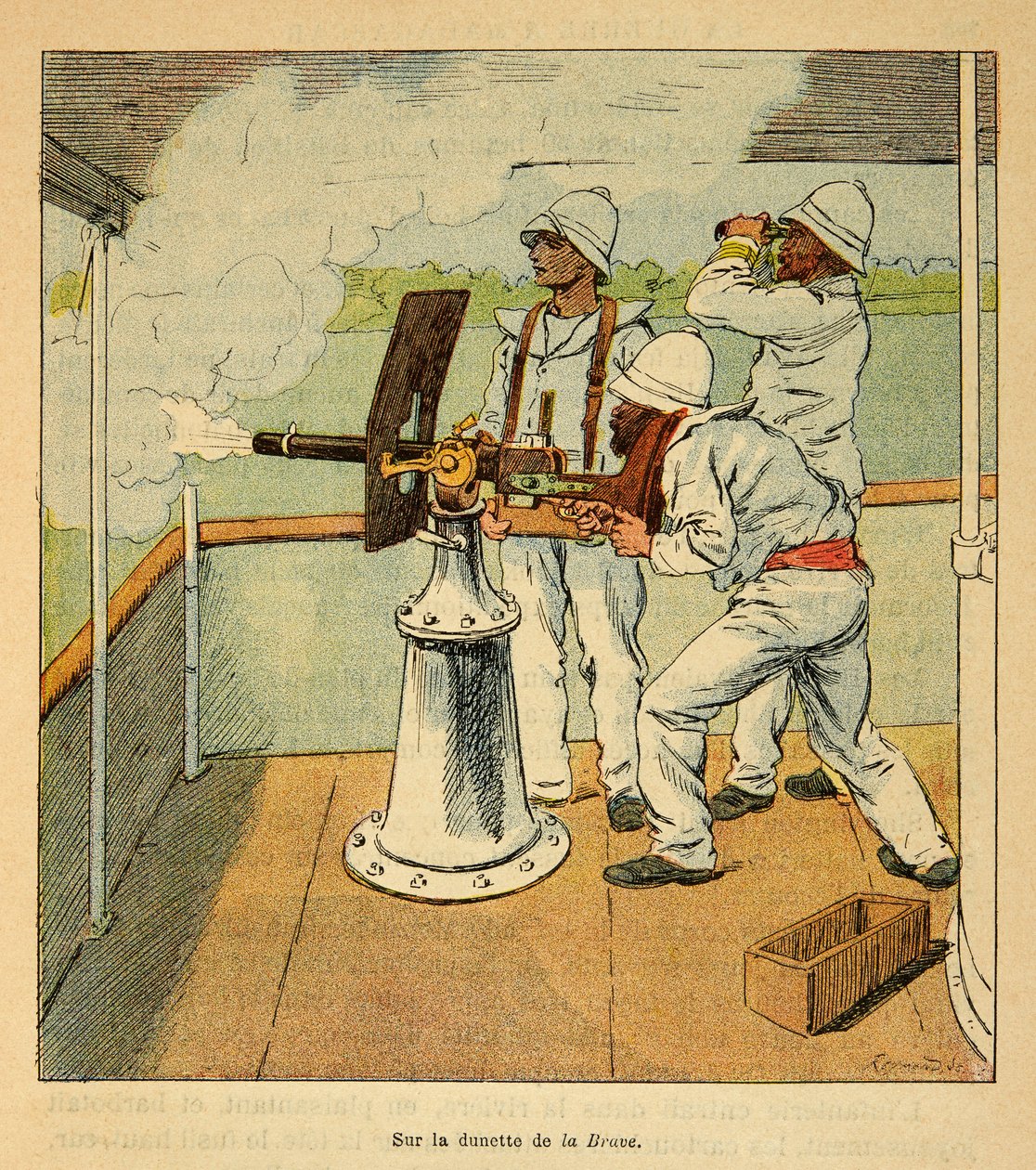 The War in Madagascar-Anekdotisk historie om de franske ekspeditioner i 1885-1895 af Henri Galli dit Galllichet (1854-1922), illustreret af Louis Bombled (1862-1927): Kanonskud på Hovas ombord på canoniere "" La Brave "" i 1895, Privat Samling af Louis Charles Bombled