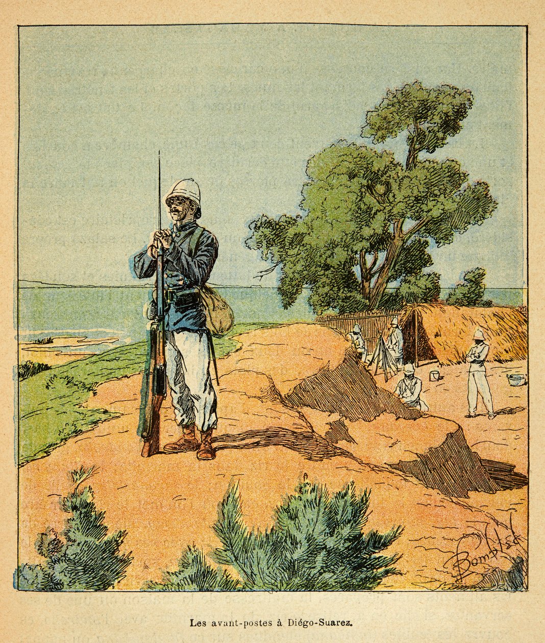 Krigen i Madagaskar - en anekdotisk historie om de franske ekspeditioner i 1885-1895 af Henri Galli dit Galllichet (1854-1922), illustreret af Louis Bombled (1862-1927): Fransk forpost i Diego-Suarez i Madagaskar i 1885, Private Collection af Louis Charles Bombled