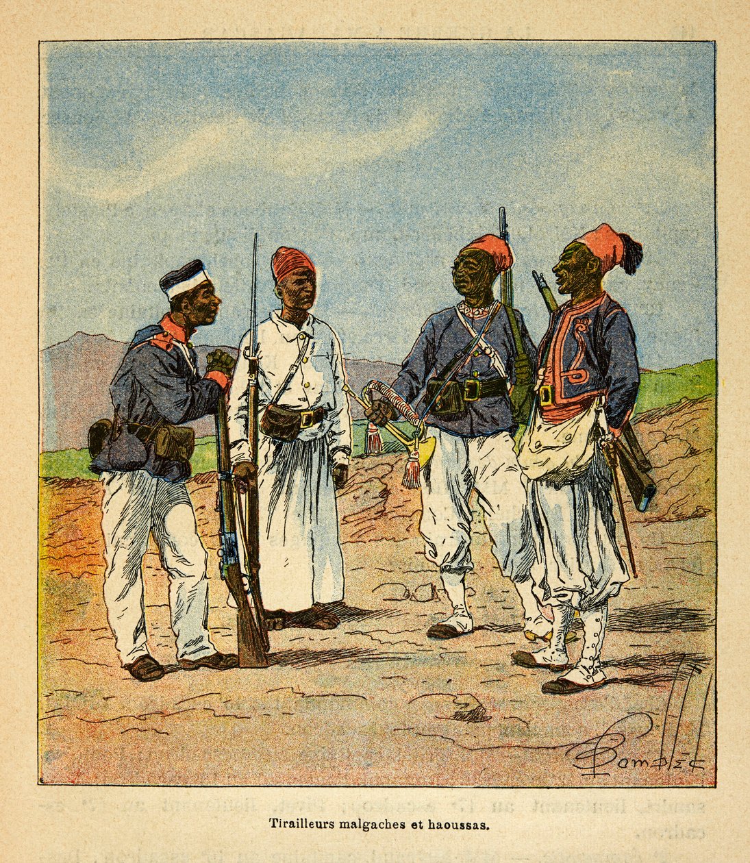 Krigen i Madagaskar - en anekdotisk historie om de franske ekspeditioner i 1885-1895 af Henri Galli dit Galllichet (1854-1922), illustreret af Louis Bombled (1862-1927): Madagaskiske og Haoussas Tirailleurs, Private Collection af Louis Charles Bombled