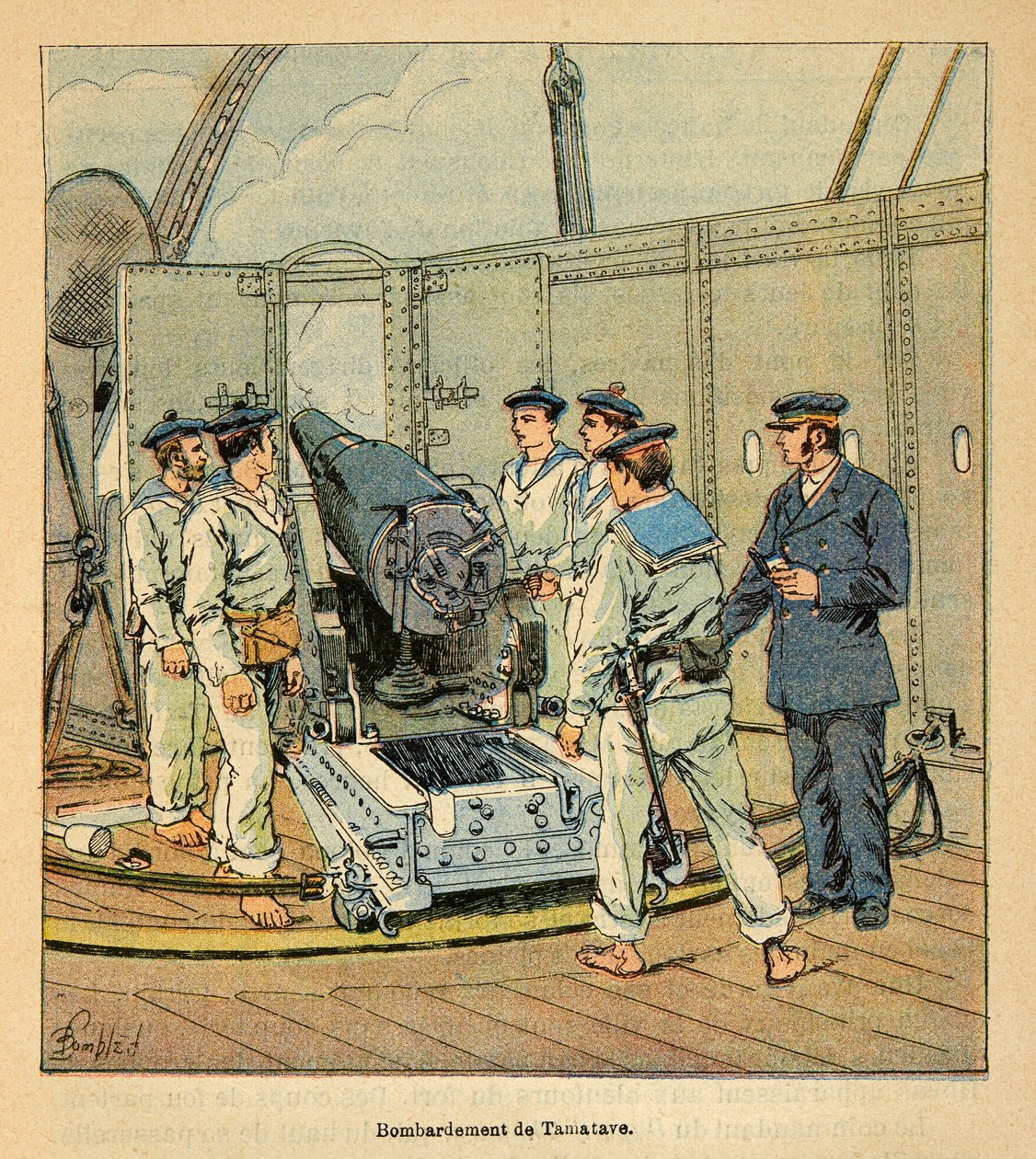 Krigen i Madagaskar - en anekdotisk historie om de franske ekspeditioner i 1885-1895 af Henri Galli dit Galllichet (1854-1922), illustreret af Louis Bombled (1862-1927): Den franske flådes bombardement af Tamatave, privatsamling af Louis Charles Bombled