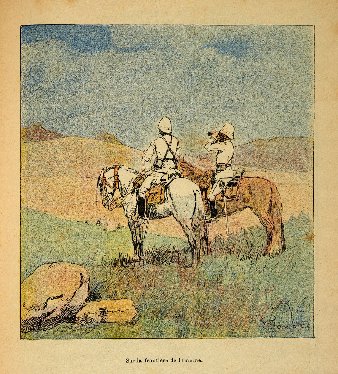 The War in Madagascar-Anecdotal History of the French Expeditions of 1885-1895 af Henri Galli dit Galllichet (1854-1922), illustreret af Louis Bombled (1862-1927): Militær i rekognoscering på grænsen mellem Imerne og Madagaskar i 1895, menig Kollektion af Louis Charles Bombled
