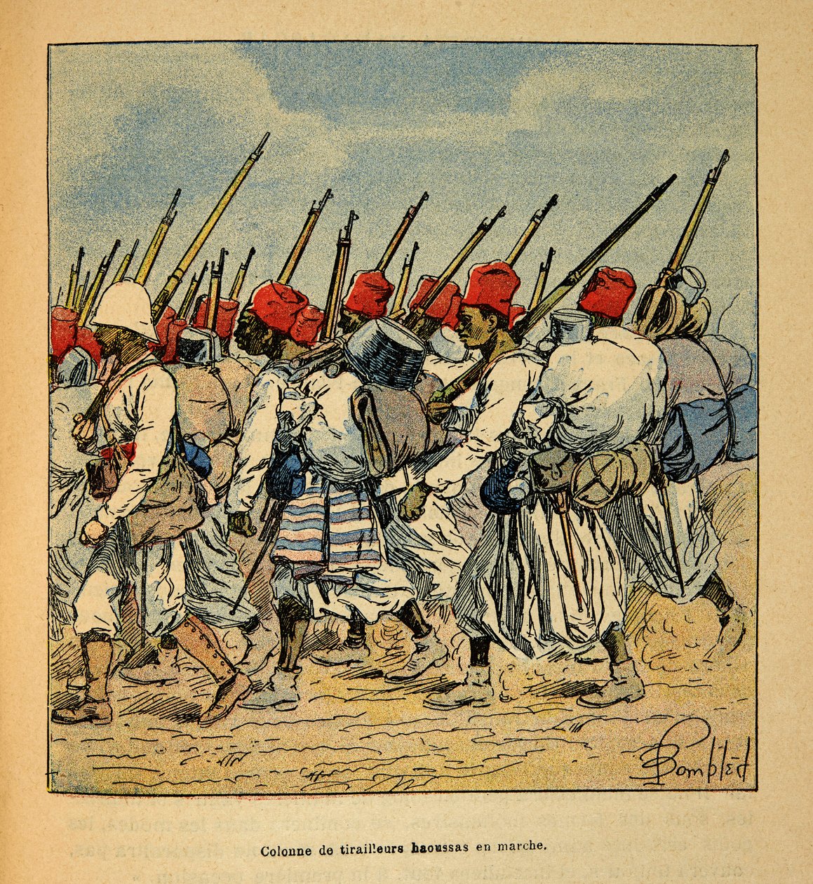 The War in Madagascar-Anekdotisk historie om de franske ekspeditioner i 1885-1895 af Henri Galli dit Galllichet (1854-1922), illustreret af Louis Bombled (1862-1927): Søjle af Haoussas Tirailleurs marcherer i 1895, privat samling af Louis Charles Bombled