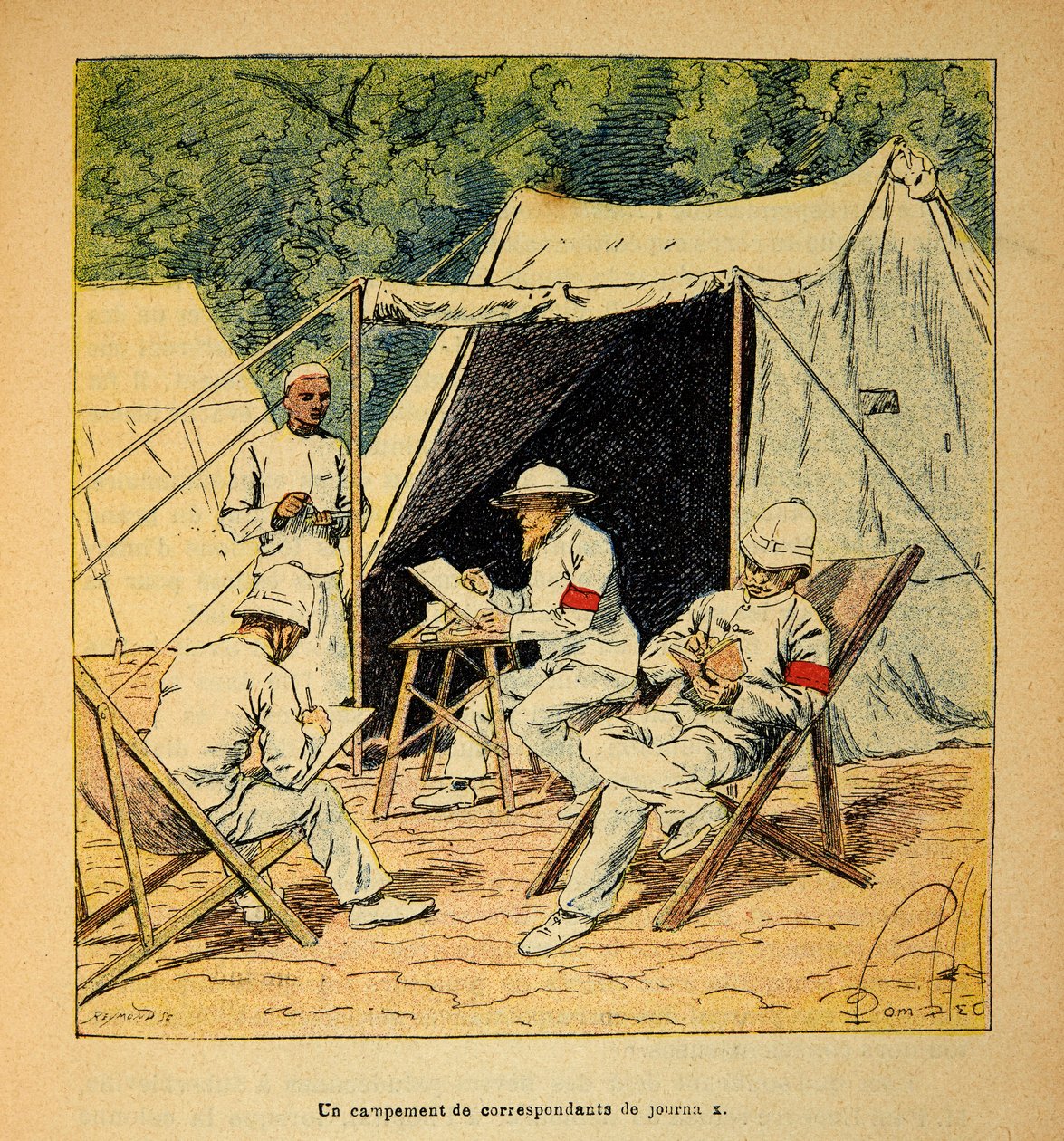 The War in Madagascar-Anecdotal History of the French Expeditions of 1885-1895 af Henri Galli dit Galllichet (1854-1922), illustreret af Louis Bombled (1862-1927): En lejr af aviskorrespondenter i Madagaskar i 1895, privat samling af Louis Charles Bombled
