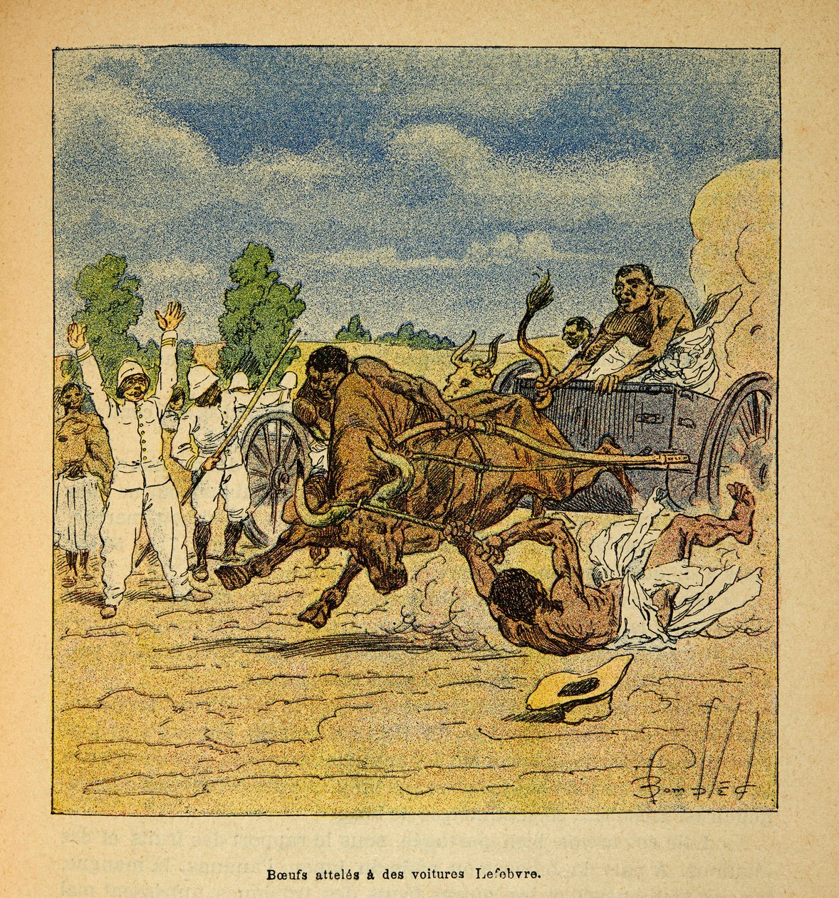 The War in Madagascar-Anekdotisk historie om de franske ekspeditioner 1885-1895 af Henri Galli dit Galllichet (1854-1922), illustreret af Louis Bombled (1862-1927): Boeufs nået med biler Lefebvre, privat samling af Louis Charles Bombled