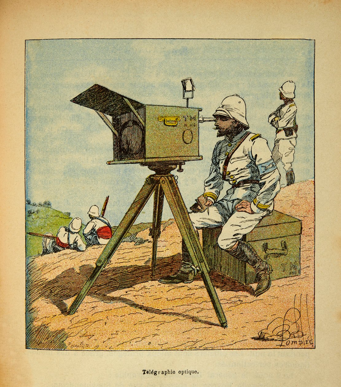 The War in Madagascar-Anekdotisk historie om de franske ekspeditioner 1885-1895 af Henri Galli dit Galllichet (1854-1922), illustreret af Louis Bombled (1862-1927): Optisk telegrafi i 1895, privat samling af Louis Charles Bombled