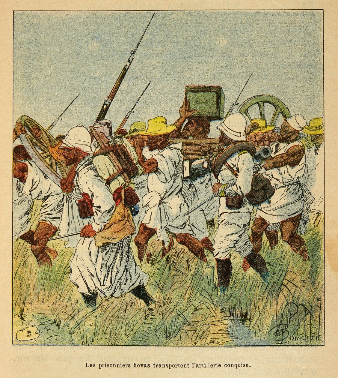 The War in Madagascar-Anekdotisk historie om de franske ekspeditioner i 1885-1895 af Henri Galli dit Galllichet (1854-1922), illustreret af Louis Bombled (1862-1927): Fanger Hovas bruges til at transportere artilleristykker, privat samling af Louis Charles Bombled