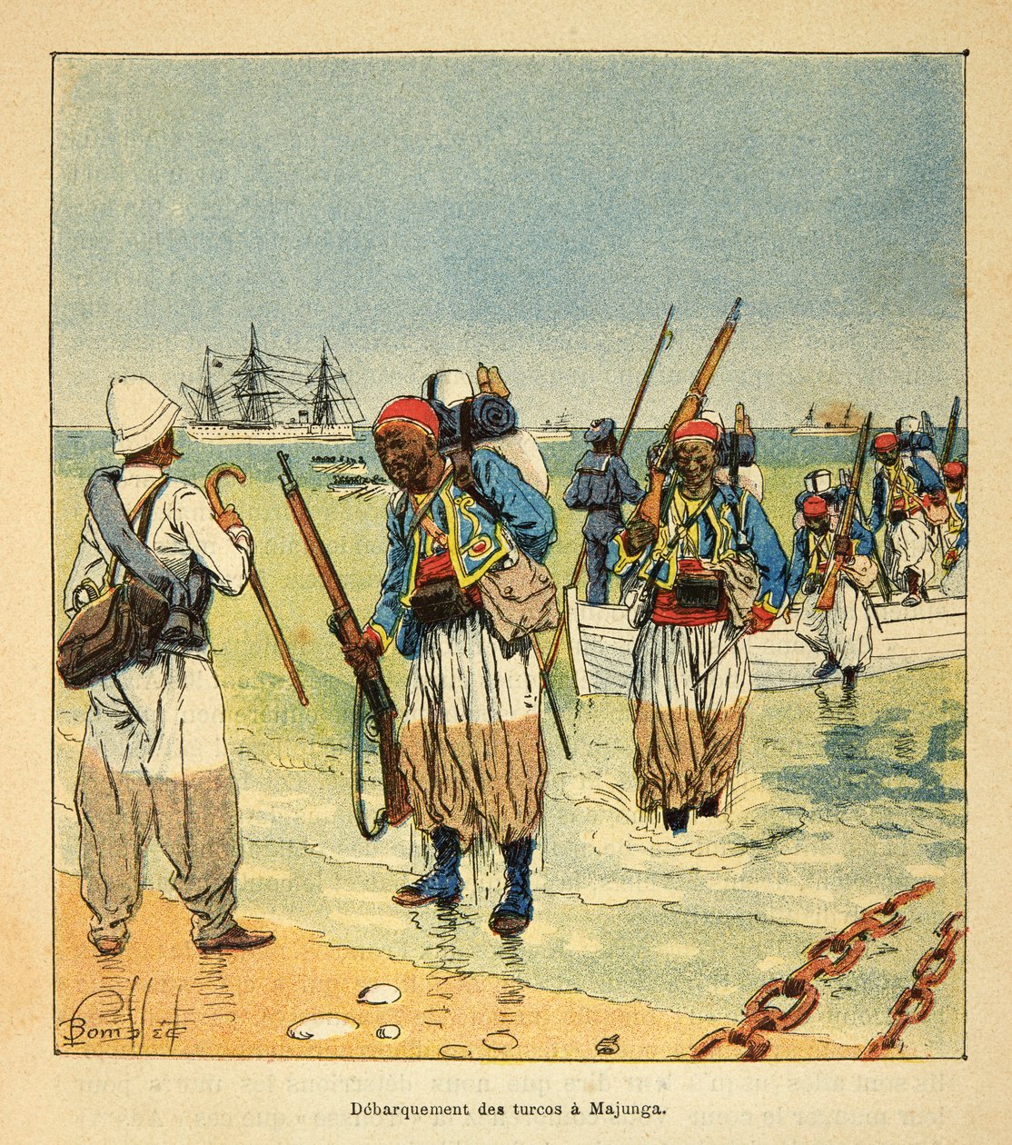 The War in Madagascar-Anekdotisk historie om de franske ekspeditioner 1885-1895 af Henri Galli dit Galllichet (1854-1922), illustreret af Louis Bombled (1862-1927): Debarquement des Turcos a Majunga, privat samling af Louis Charles Bombled