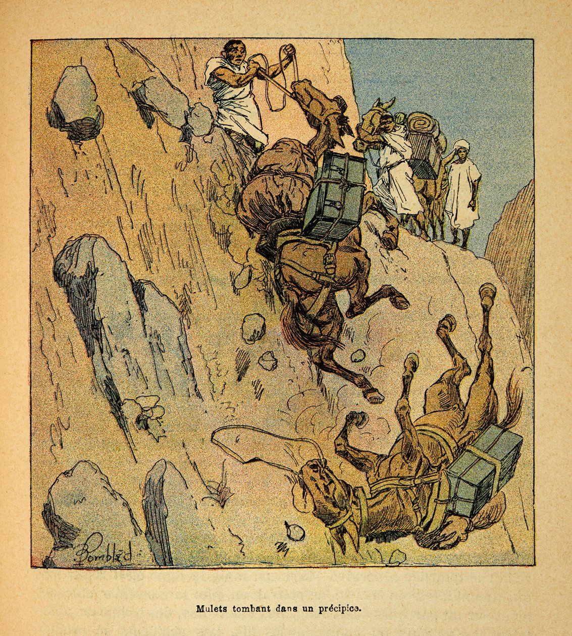The War in Madagascar-Anekdotisk historie om de franske ekspeditioner i 1885-1895 af Henri Galli dit Galllichet (1854-1922), illustreret af Louis Bombled (1862-1927): Mulet af en militærkonvoj falder ned i et afgrund, særlig samling af Louis Charles Bombled