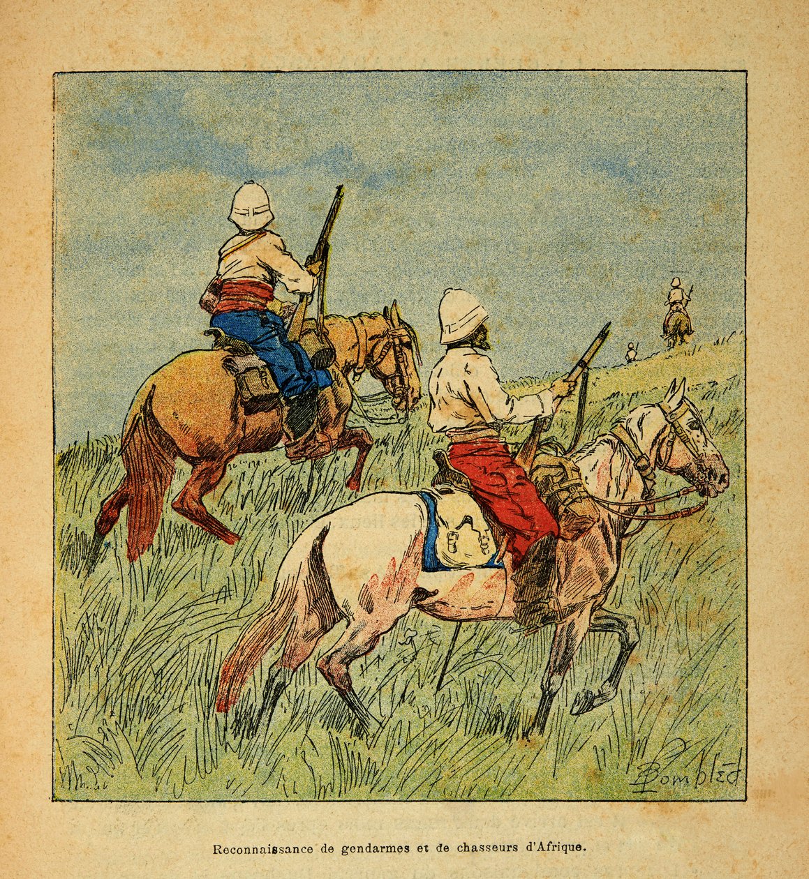 The War in Madagascar-Anecdotal History of the French Expeditions of 1885-1895 af Henri Galli dit Galllichet (1854-1922), illustreret af Louis Bombled (1862-1927): Anerkendelse af gendarmer og jægere fra Afrika i Madagaskar i 1895, privat samling af Louis Charles Bombled