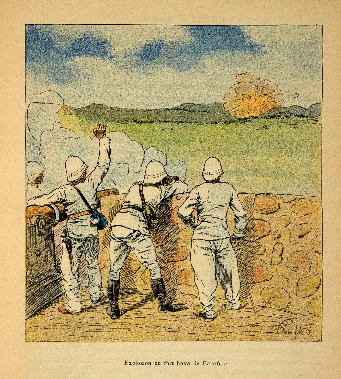 The War in Madagascar-Anekdotisk historie om de franske ekspeditioner i 1885-1895 af Henri Galli dit Galllichet (1854-1922), illustreret af Louis Bombled (1862-1927): Eksplosion af Fort Hova i Farafate i 1895, privat samling af Louis Charles Bombled