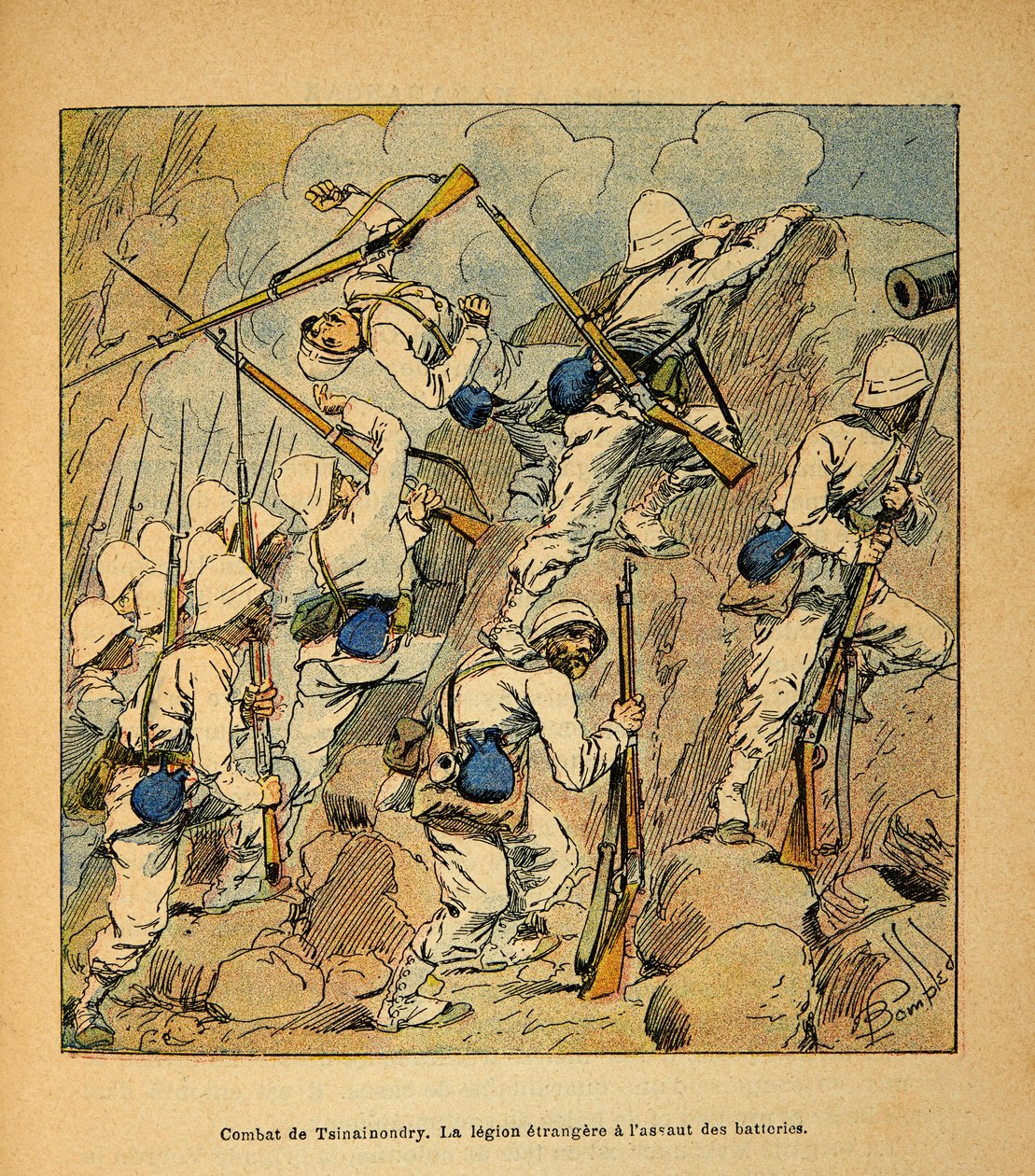 The War in Madagascar-Anecdotal History of the French Expeditions of 1885-1895 af Henri Galli dit Galllichet (1854-1922), illustreret af Louis Bombled (1862-1927): Slaget ved Tsinainondry, fremmedlegionen ved angrebet af Hovas-batterierne i 1895, Pr af Louis Charles Bombled