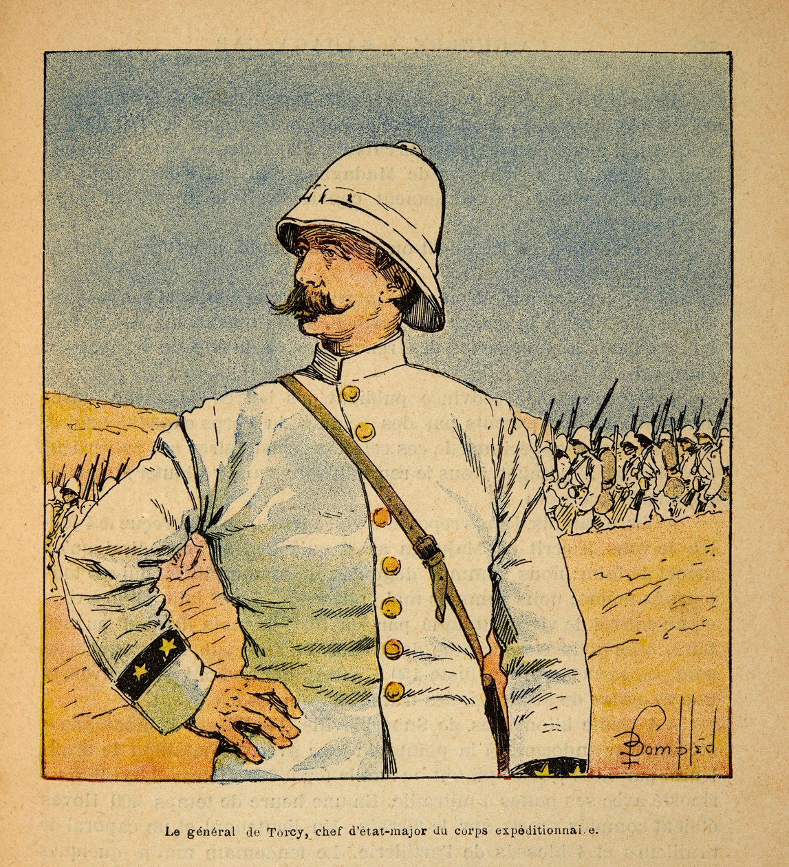 The War in Madagascar-Anekdotisk historie om de franske ekspeditioner 1885-1895 af Henri Galli dit Galllichet (1854-1922), illustreret af Louis Bombled (1862-1927): Portræt af general De Torcy (1844-1918), stabschef af Ekspeditionsstyrken i Madag af Louis Charles Bombled